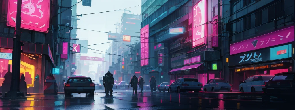 highres, absurdres, masterpiece, high quality, highly detailed, cyberpunk city streets, night, neon signs