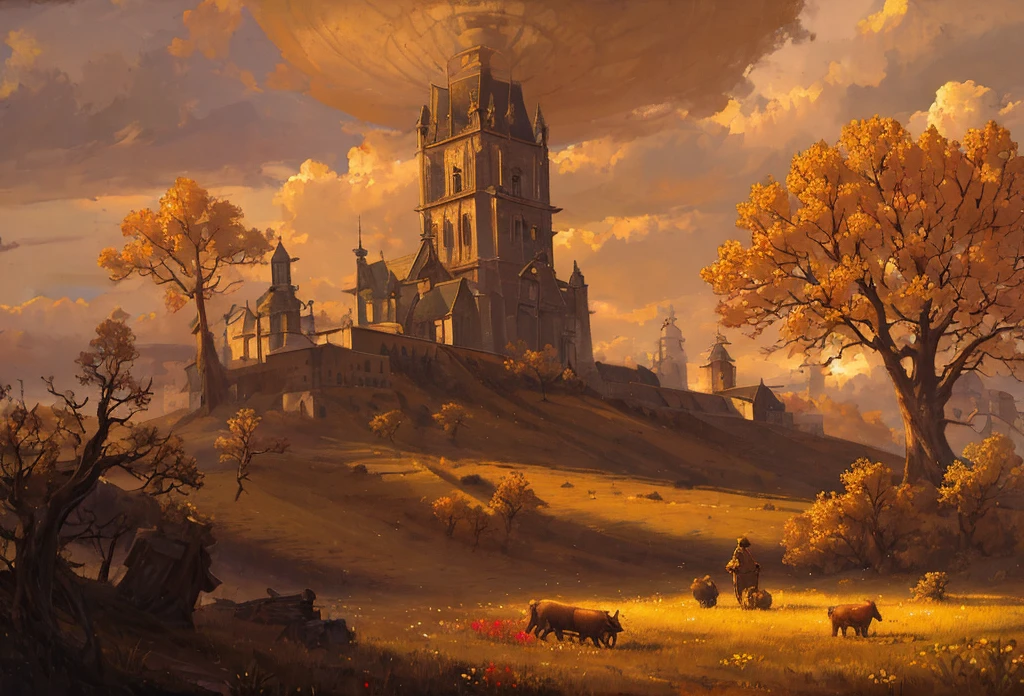 incredibly detailed lighting, detailed shadow, masterpiece, best quality, pastoral, golden hour, lone tree, silhouette of a shepherd walking away:1.3, grazing sheep, wildflowers in foreground, oil painting, puffy clouds, crumbling stone structure, billowing awning