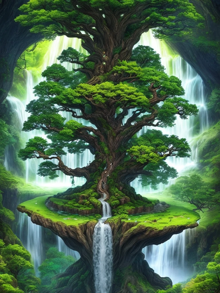 A tree with a waterfall, fantasy tree, magic tree, yggdrasil, tree of life, world tree, big magic tree, magic tree, fantasy magical vegetation, tree of life, detailed fantasy digital art, cosmic tree of life, fantasy art behance, tree of life seeds of doubt