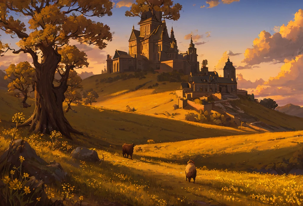 incredibly detailed lighting, detailed shadow, masterpiece, best quality, pastoral, golden hour, lone tree, silhouette of a shepherd walking away:1.3, grazing sheep, yellow wildflowers in foreground, oil painting, puffy clouds, ruined stone structure, billowing awning