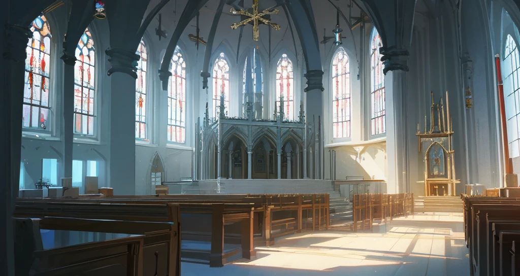 An oversized biological laboratory, indoors, wide-angle top-down lens, 45° angle, religious elements, church, surreal", surreal, center,; High resolution, concept art, 8 K concept art, stunning concept art