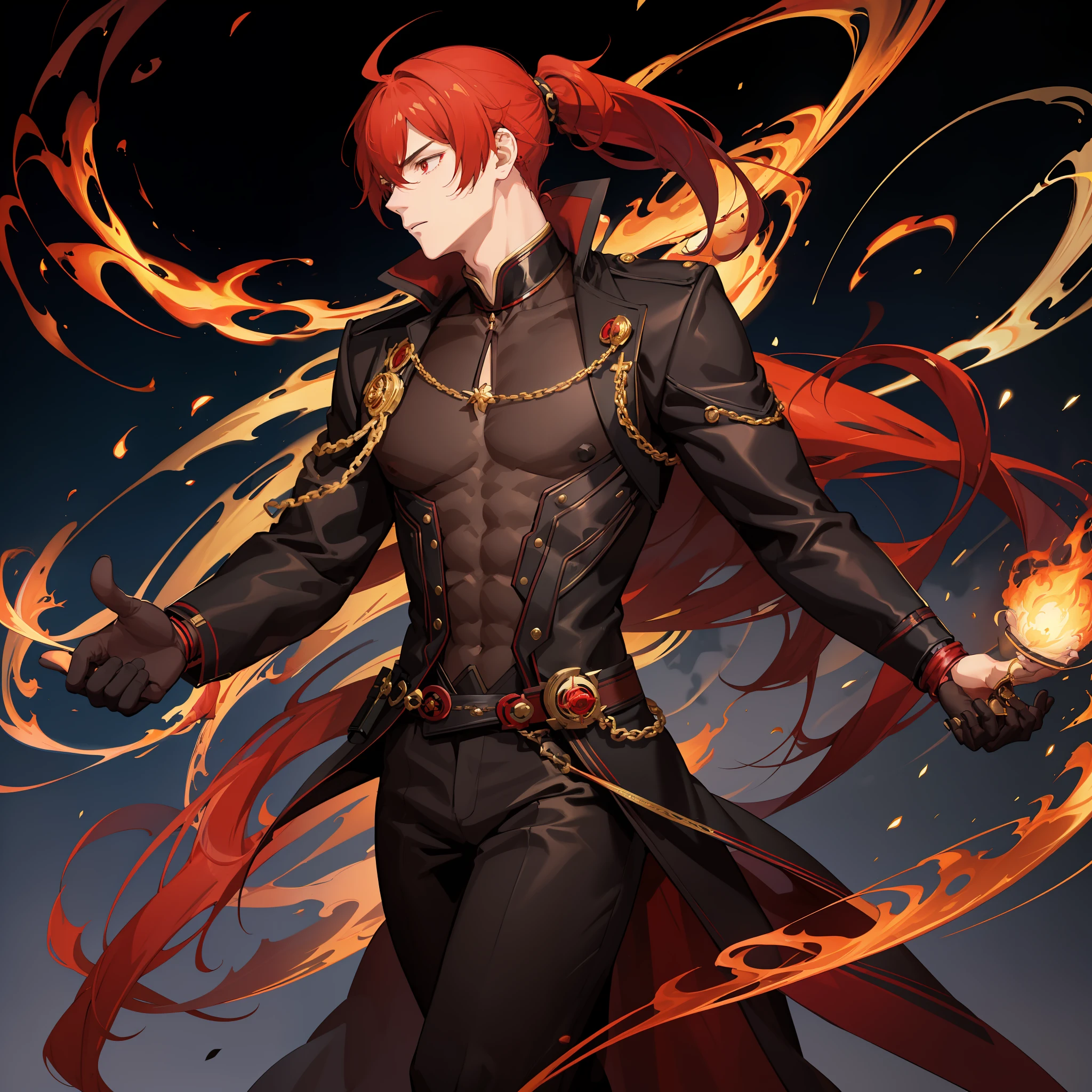 1 Mature man, anime style, genshin impact, long red hair tied in a high ponytail, beautifully detailed red eyes, wearing a long black coat detailed with gold trimmings, black pants with a pyro vision hanging off the side of the belt, black gloves with red underneath, his arm extended with a falcon sitting on his forearm. Tight tank top underneath black coat exposing his abs, best quality, high definition