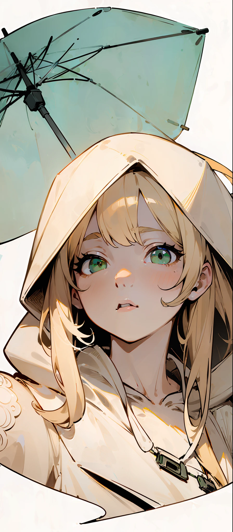 ((masterpiece, illustration, strong outlines 1girl, solo, sharp focus, 8k, ultra-detailed)), (blonde beige hair:1.3), li, small breasts, long hair, very long hair, green eyes, dark green eyes, selfie, portrait, face focus, (oversized hoodie, white monochrome hoodie:1.3), cute, digital art, beautiful, perfection, ((transparent background, monochrome background))