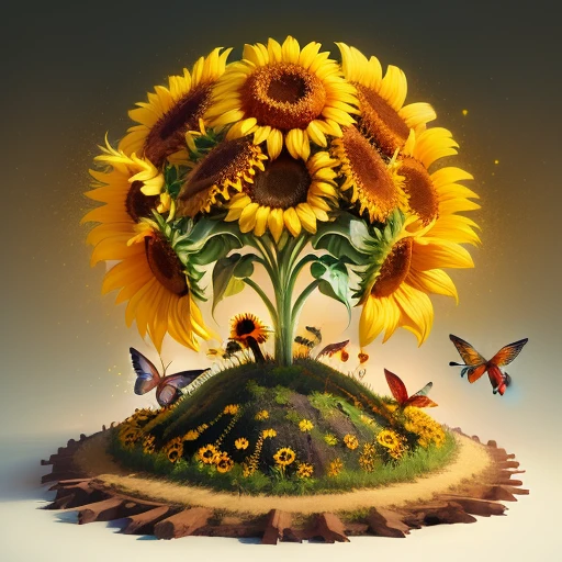 anthill with sunflower and hummingbird on it semirealistic fantasy