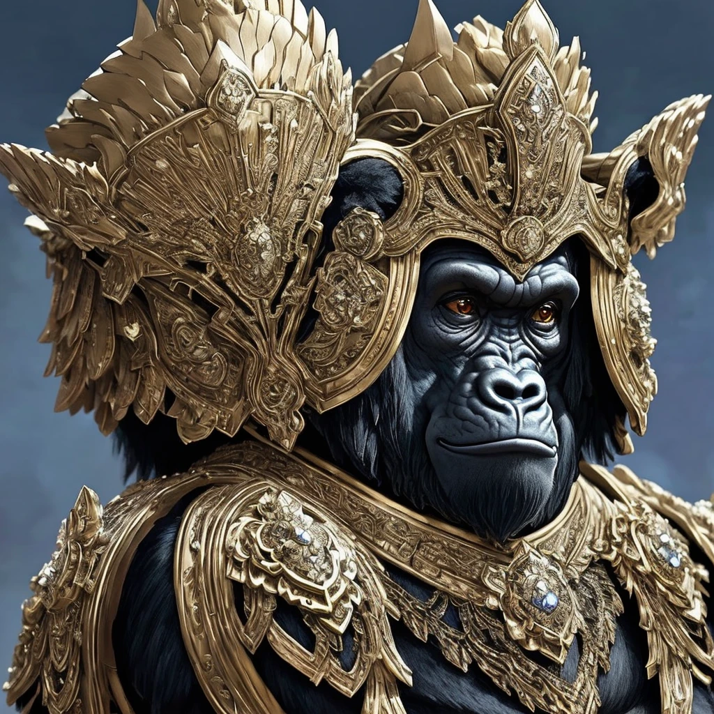 Imagine a magnificent gorilla with bulging muscles, exuding strength and power. The gorilla wears a gleaming suit of armor, crafted from polished metal and adorned with intricate engravings. The armor is designed to fit the gorilla's imposing physique, accentuating its muscular form. The helmet covers the top portion of its head, extending down to cover the eyes, while leaving the lower face exposed.
The helmet features a regal design, incorporating ornate details and decorative elements. It could have a crown-like structure on top, symbolizing the gorilla's status as the king of the gorilla kingdom. The face of the gorilla exudes wisdom and authority, with a strong jawline and piercing eyes that command respect.