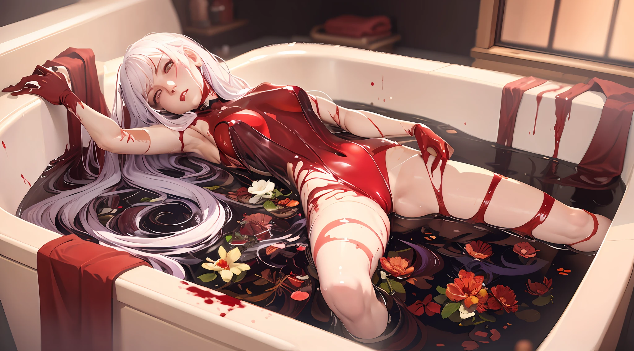 There is a woman lying in a bathtub, wearing transparent clothes with blood on it, bleeding in the bathtub, bloody + concept art, legs apart, lying in a pool of blood, pale woman covered in blood, shiny white skin, Guvez on the pixiv art station, anime woman full body art, Guwiz on ArtStation Pixiv, blood on the body, Guvitz, crimson theme