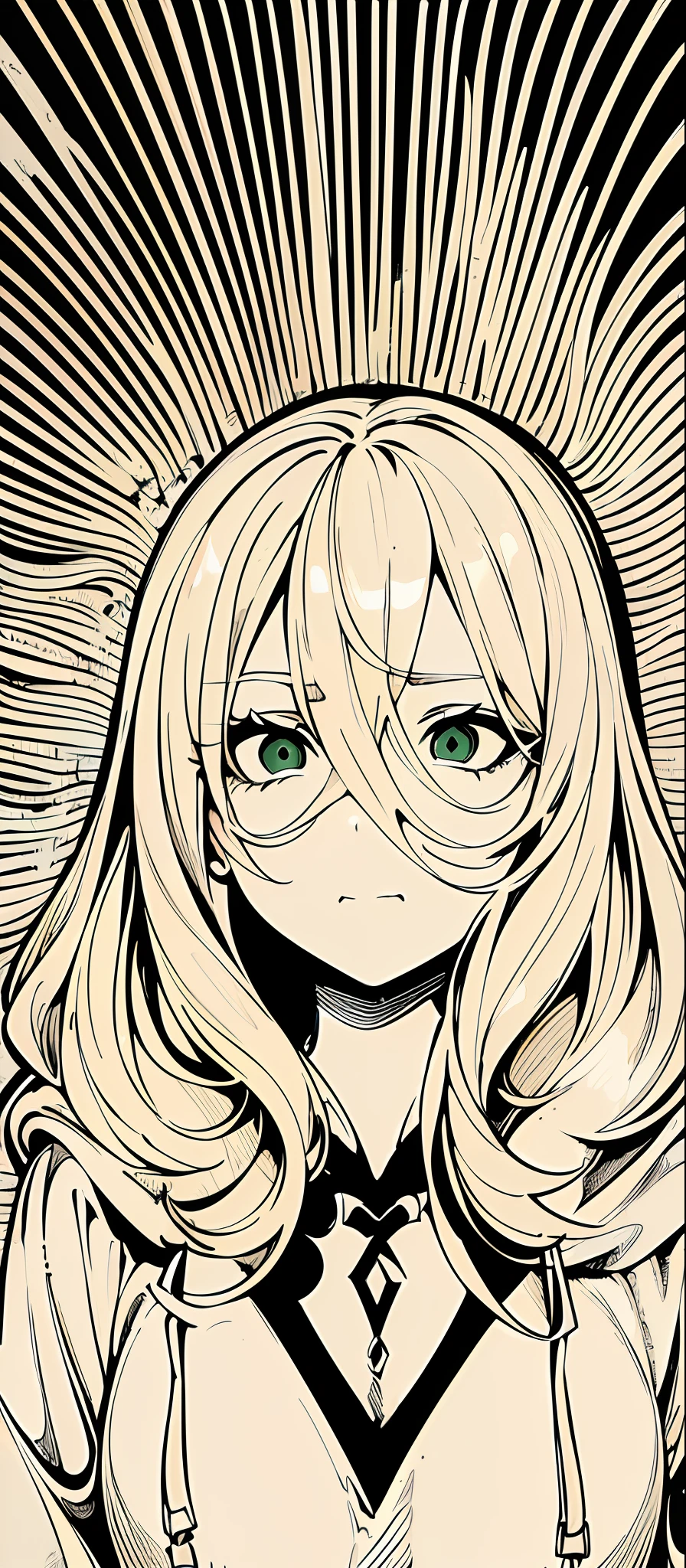 ((masterpiece, illustration, strong outlines 1girl, solo, sharp focus, 8k, ultra-detailed)), (blonde beige hair:1.3), li, small breasts, long hair, very long hair, green eyes, dark green eyes, selfie, portrait, face focus, (oversized hoodie, white monochrome hoodie:1.3), cute, digital art, beautiful, perfection, ((transparent background, monochrome background))