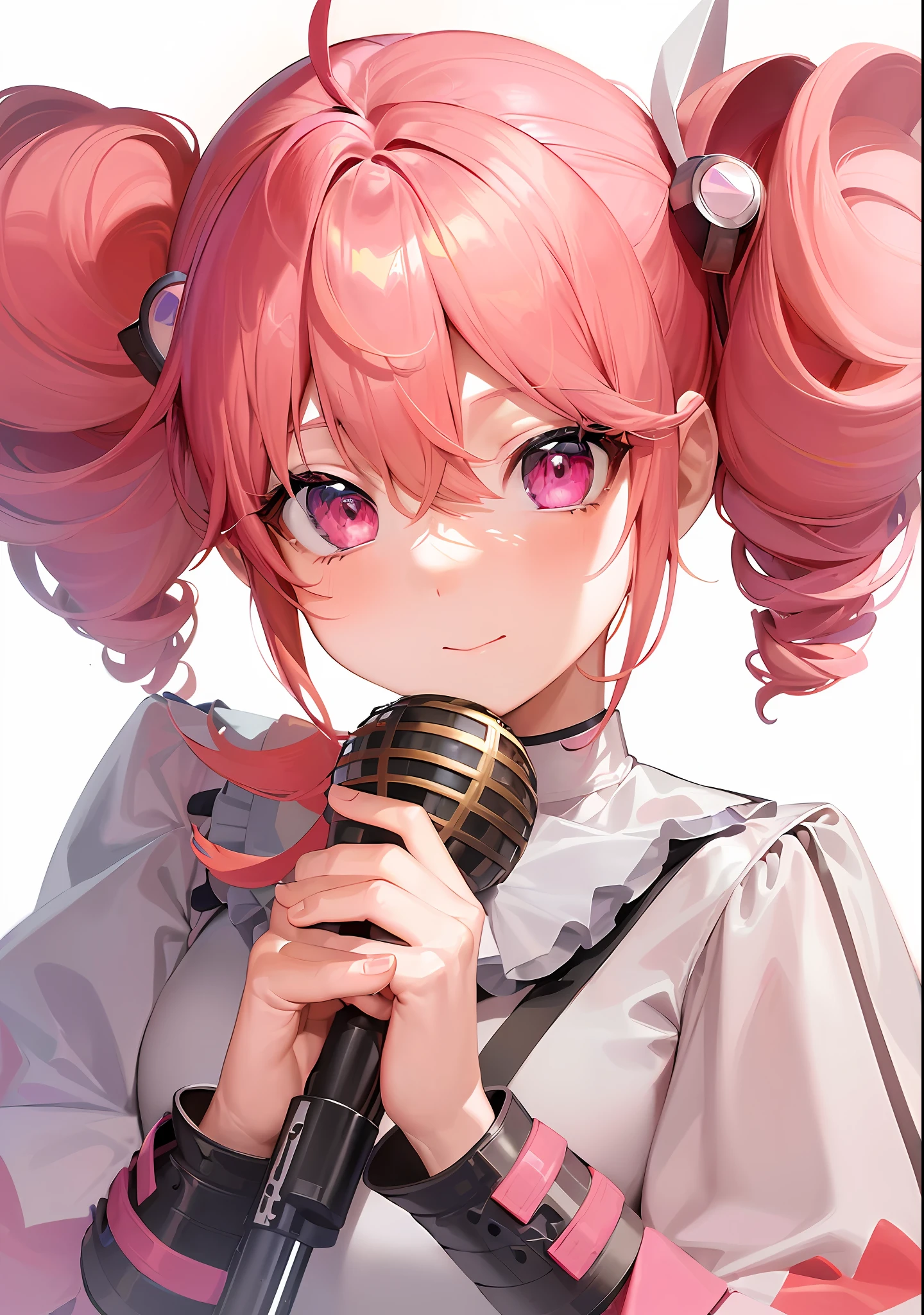 ((Masterpiece:1.2, Superlative)), Super Precision, Super Precision, Super Precision, (Zentangle:1.2), (Dynamic Pose), (Abstract Background:1.5), Anime Girl with Pink Hair in Uniform Holding a Microphone, Kasane Teto Fan Art, (Anime Girl), Anime Moe Art Style, Pink Twintail Hair, Waifu, Official Illustration, Portrait of Anime Girl