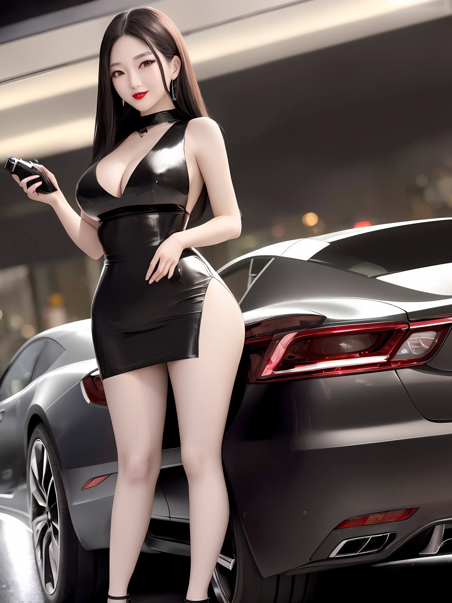 aged 30,Super detailed,a beautiful girl, , playful and charming. A Korean car model beauty in the car side half squat, legs split,  fascinating and charming. She wears a tight red dress that highlights her figure and contrasts with the black sports car. Her long black hair falls over her shoulders and her red lips match her dress. She smiles seductively at the camera and holds a car key in her hand. The car has a shiny surface and a logo on the front. The background is a city street with skyscrapers and neon lights in the night