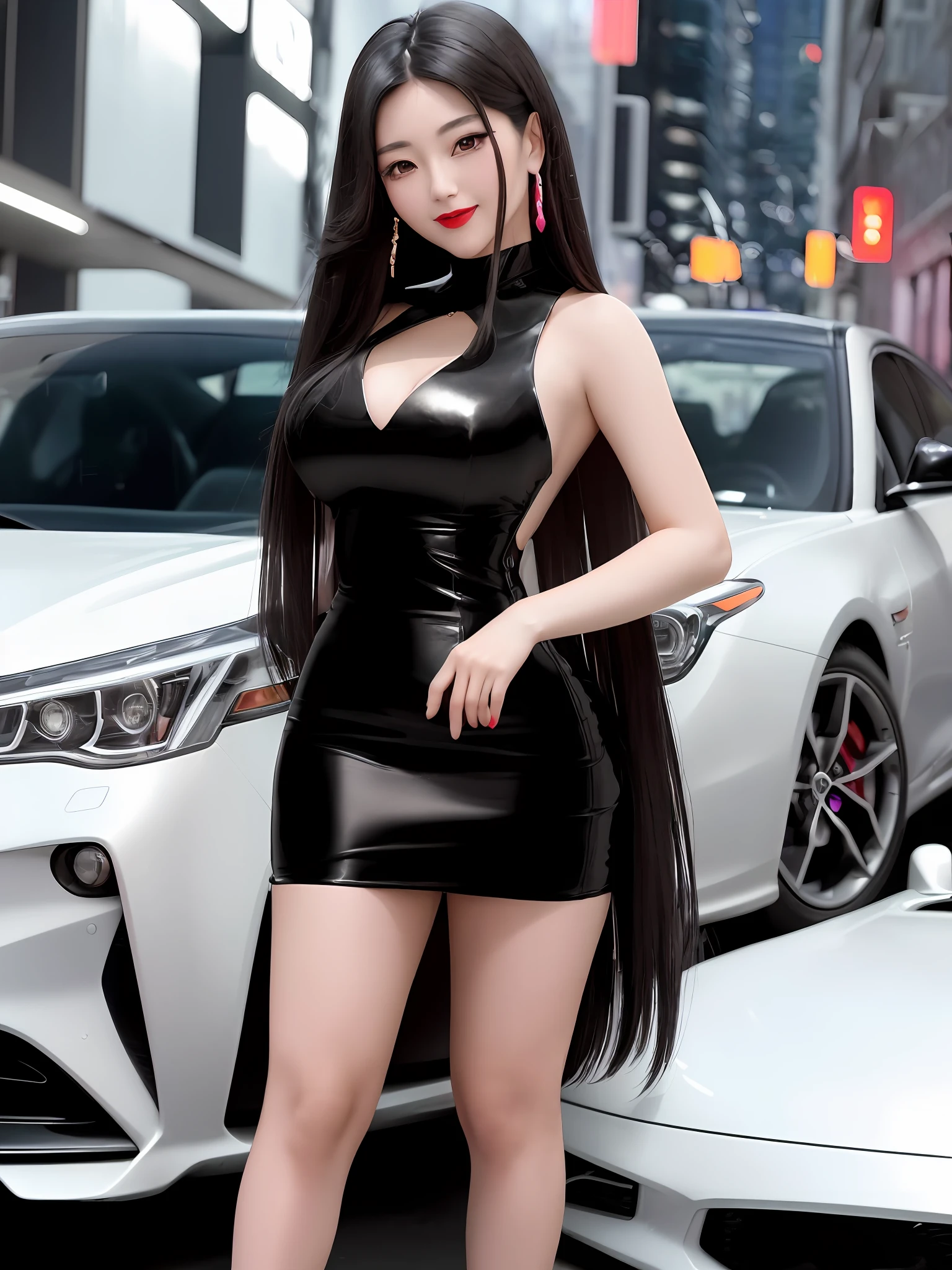 aged 30,Super detailed,a beautiful girl, , playful and charming. A Korean car model beauty in the car side half squat, legs split,  fascinating and charming. She wears a tight red dress that highlights her figure and contrasts with the black sports car. Her long black hair falls over her shoulders and her red lips match her dress. She smiles seductively at the camera and holds a car key in her hand. The car has a shiny surface and a logo on the front. The background is a city street with skyscrapers and neon lights in the night