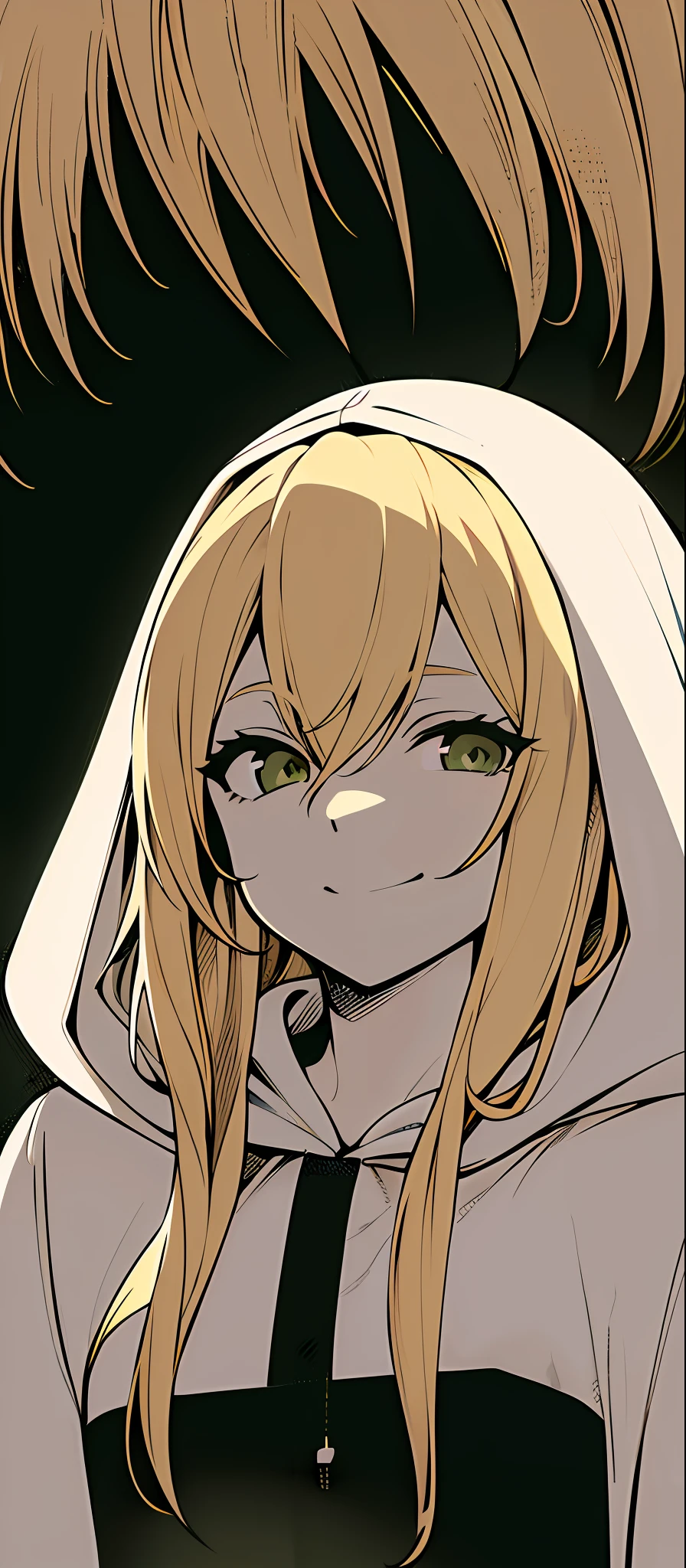 ((masterpiece, illustration, strong outlines 1girl, solo, sharp focus, 8k, ultra-detailed)), (blonde beige hair:1.3), loli, small breasts, smile, happy, long hair, very long hair, green eyes, dark green eyes, selfie, portrait, face focus, (oversized hoodie, white monochrome hoodie:1.3), cute, digital art, beautiful, perfection, ((transparent background, monochrome background))