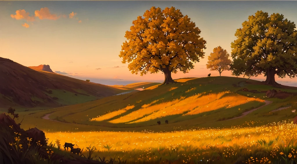 incredibly detailed lighting, detailed shadow, masterpiece, best quality, pastoral, golden hour:1.2, lone green tree, human person:1.5, grazing animals, yellow wildflowers in foreground, oil painting, puffy clouds, crumbling stone wall:1.5, low horizon:2
