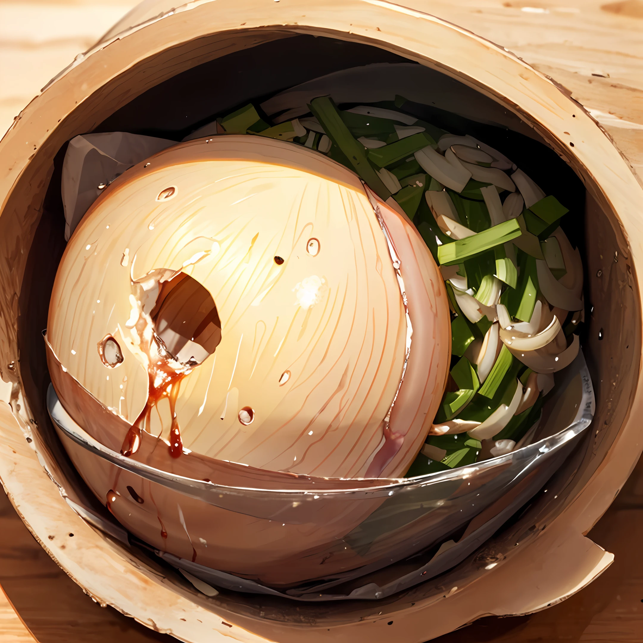 a leftover onion that is tearful, looks like it is crying, a home for ants, close up