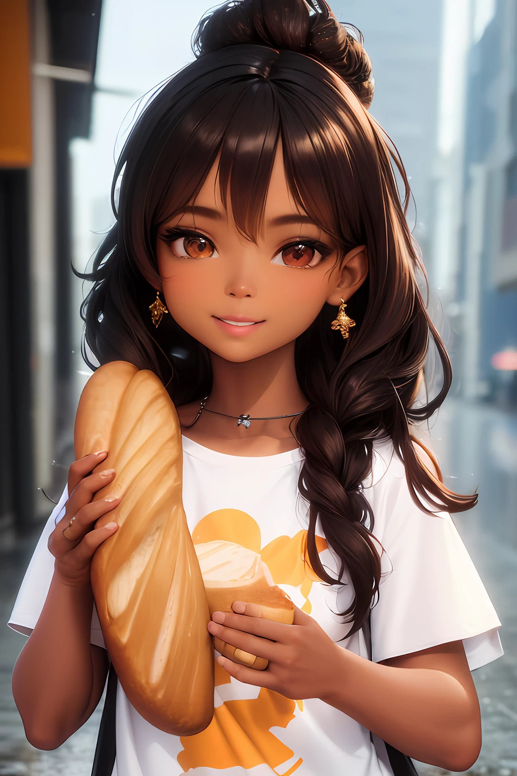 3D rendering of 1 year old girl (dark brown skin color) cute, afro-alpine, cute smile, ((eating bread)), ((chibi)) wearing T-shirt and jeans, current fashion, long hair tied up with accessories princess, ((accessories, earrings)), street background, rainy day, close-up, product view, detailed facial detail, perfect face, trend art, sharp facial detail, cgsociety, ultra high quality digital art, hyper detail exquisite, 4k, 8k soft lighting, dreamy, fashion, unreal engine rendering -