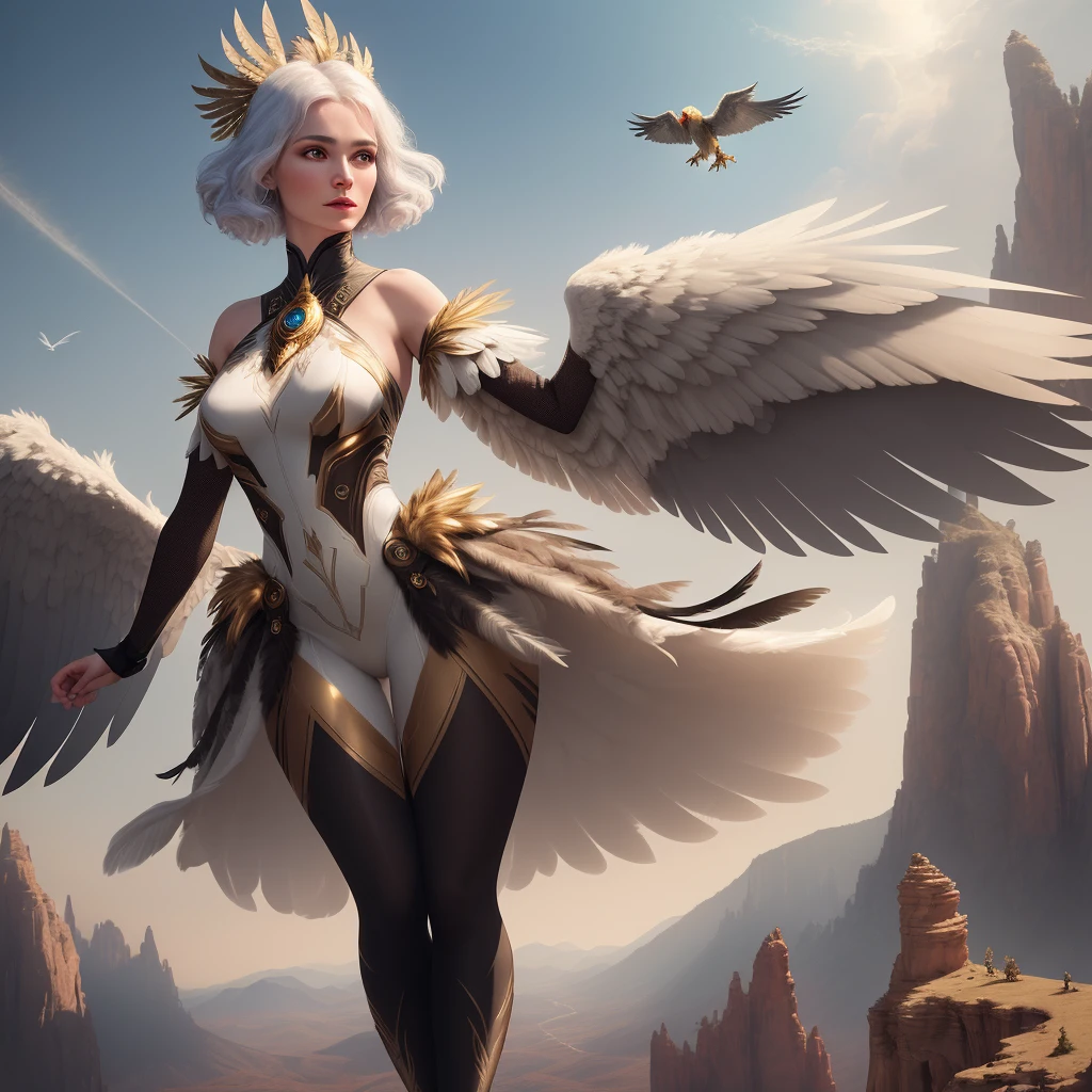 fking_scifi_v2, award-winning portrait of a flying harpy creature, woman wearing (feathered LnF tights: 1.2), feathered body, heads with large golden eyes, sandstone mountain background, flapping wings