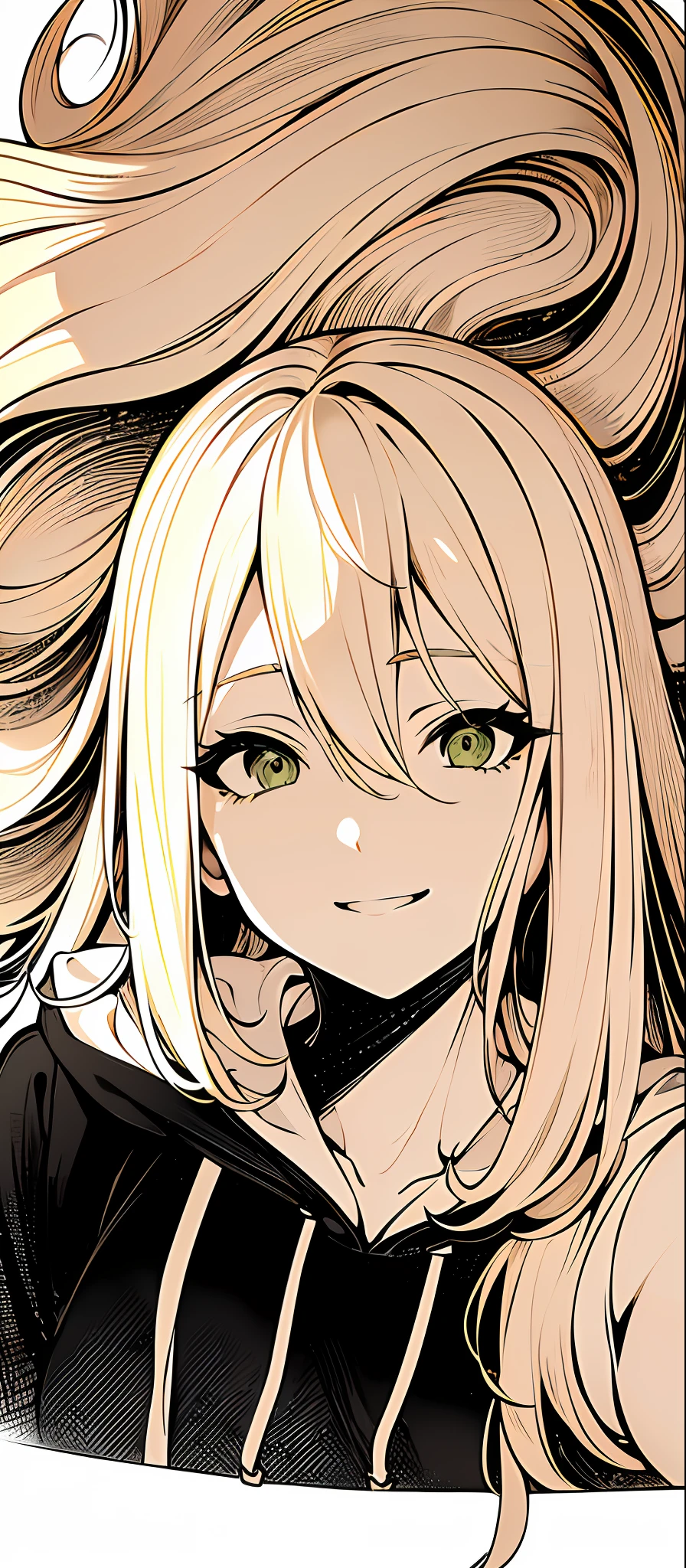 ((masterpiece, illustration, strong outlines 1girl, solo, sharp focus, 8k, ultra-detailed)), (blonde beige hair:1.3), loli, small breasts, smile, happy, long hair, very long hair, green eyes, dark green eyes, selfie, portrait, face focus, (oversized hoodie, white monochrome hoodie:1.3), cute, digital art, beautiful, perfection, ((transparent background, monochrome background))