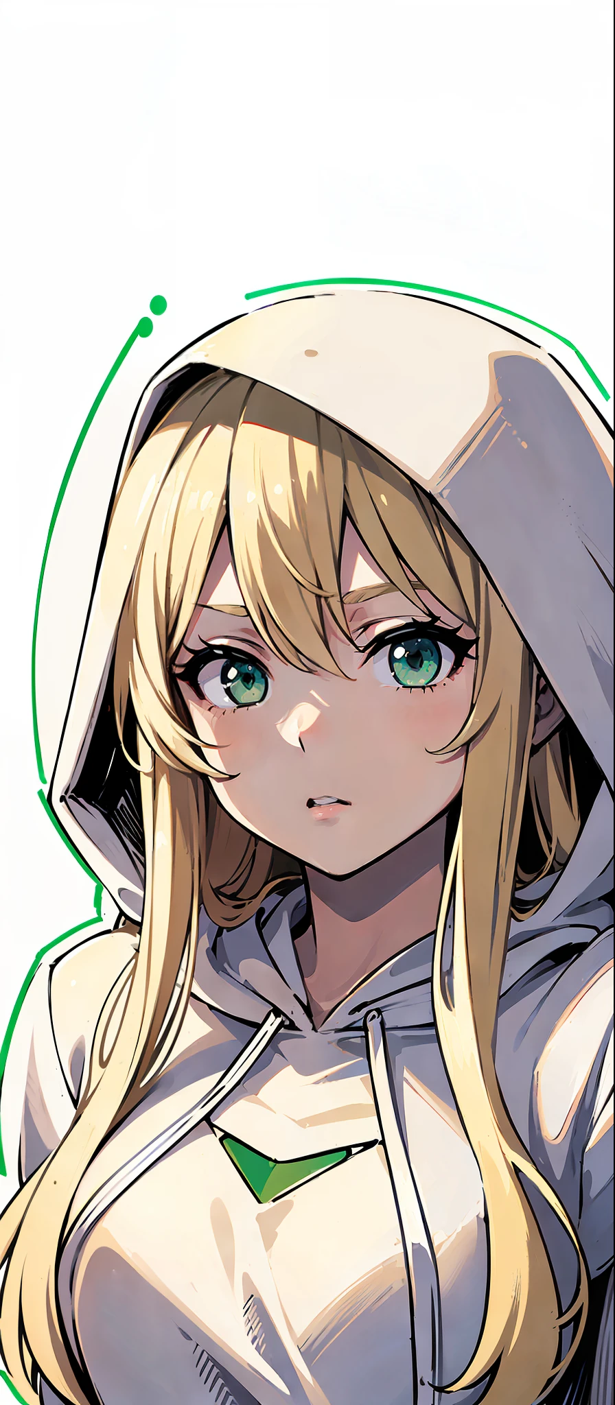 ((masterpiece, illustration, strong outlines 1girl, solo, sharp focus, 8k, ultra-detailed)), (blonde beige hair:1.3), ((li, small breasts)), long hair, very long hair, green eyes, dark green eyes, selfie, portrait, face focus, (oversized hoodie, white monochrome hoodie:1.3), cute, digital art, beautiful, perfection, ((transparent background, monochrome background))