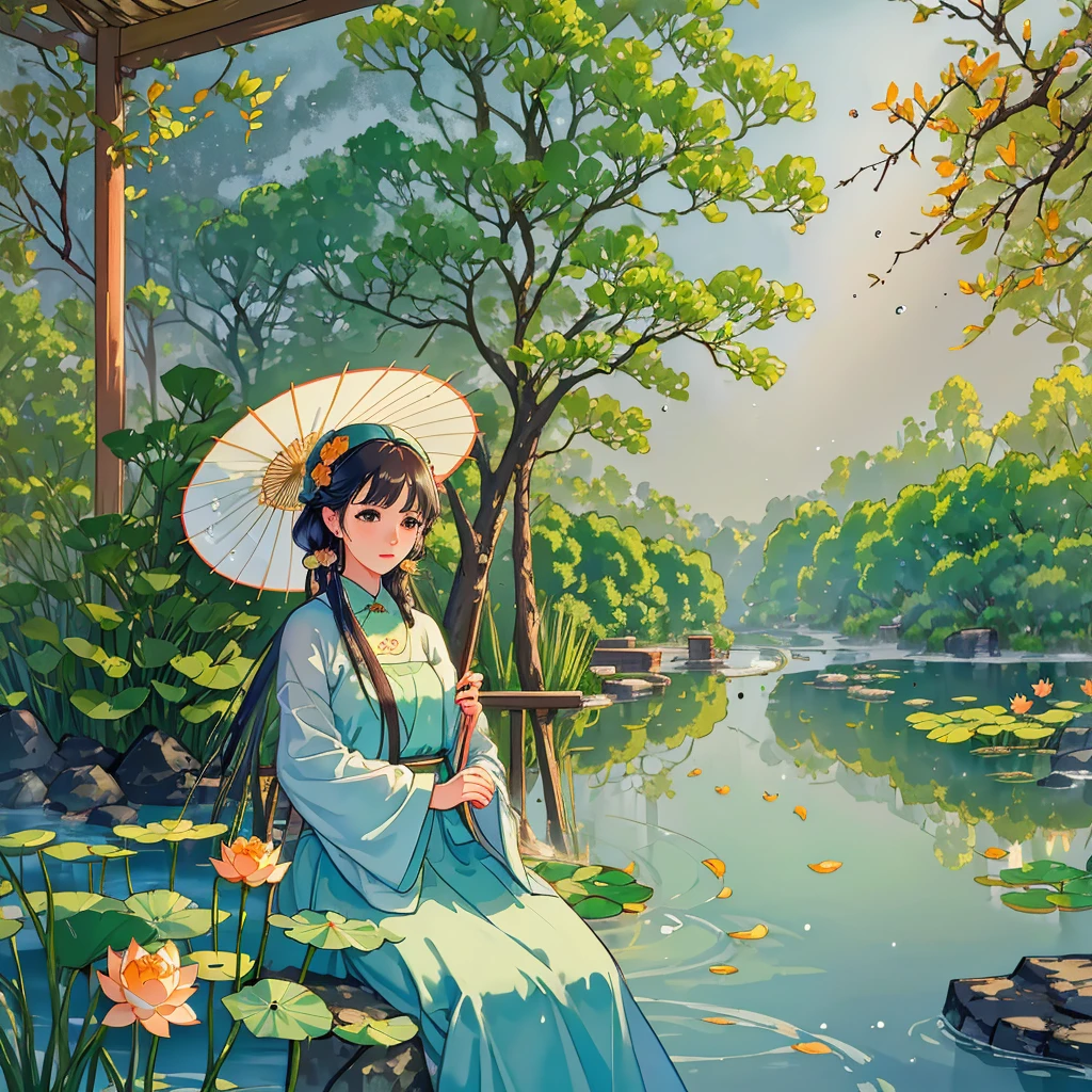 (Pastoral Life) (It's drizzling), (8K, best quality: 1.2), (Masterpiece: 1.37), (Photo, Realism: 1.37), (Ultra High resolution), Full body, Quiet pond with lotus leaves, water wheels turning, willow leaves hanging down above the picture, two mandarin ducks in the water, farmhouse, livestock house, granary, garden, terrace, swimming pool, a woman with an umbrella stops and looks at everything