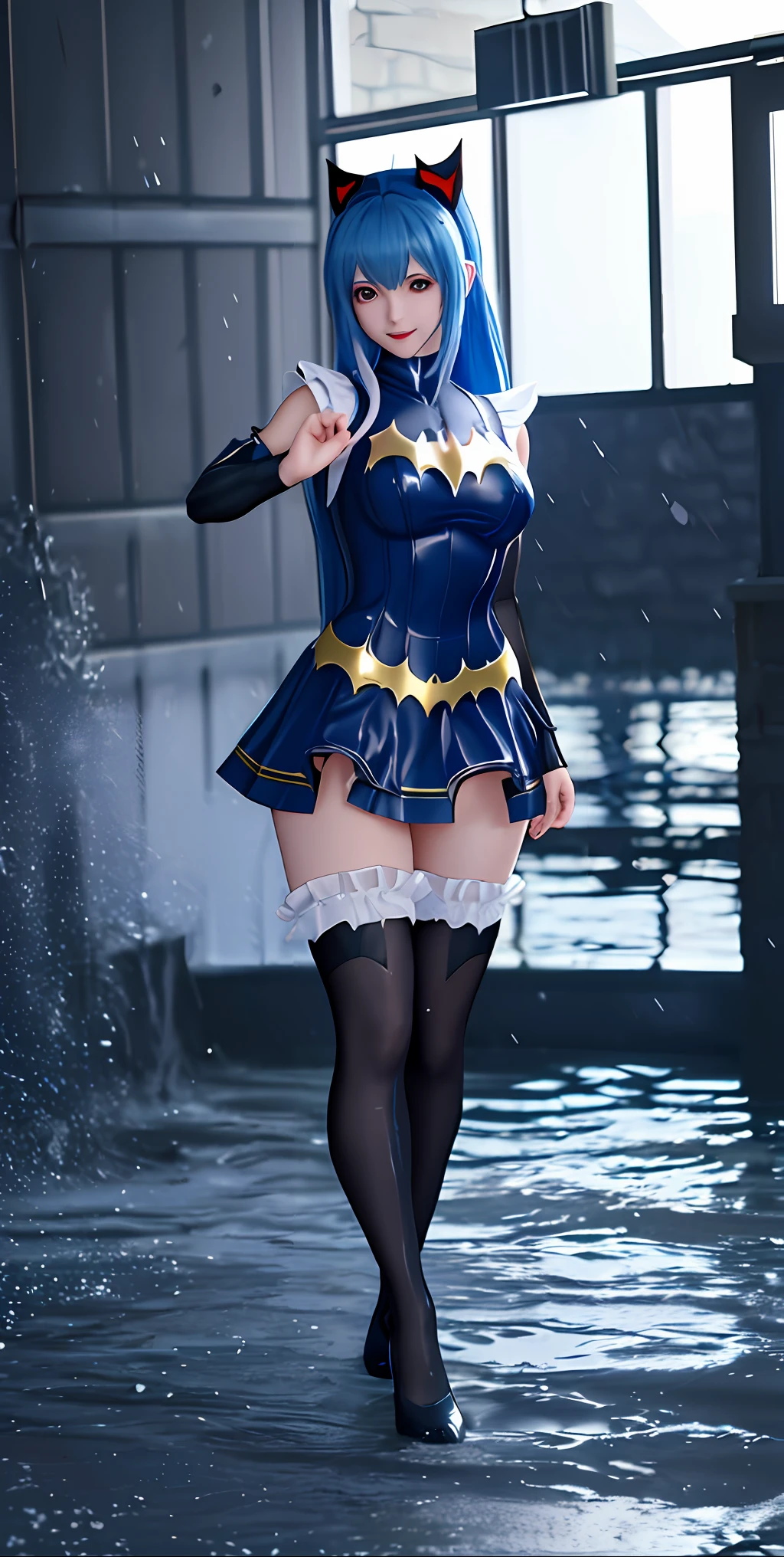 8k,Perfect anatomy,best quality,best resolution,Unreal engine 5,Anime style,Full body photo of 30 Year old Woman,maid outfit mixed with Batman costume,Spiderman,Samus Aran,wet body,blue hair very short,like maid black costume BG:Dark alley with heavy rain and flooding,looking at viewer,big smile