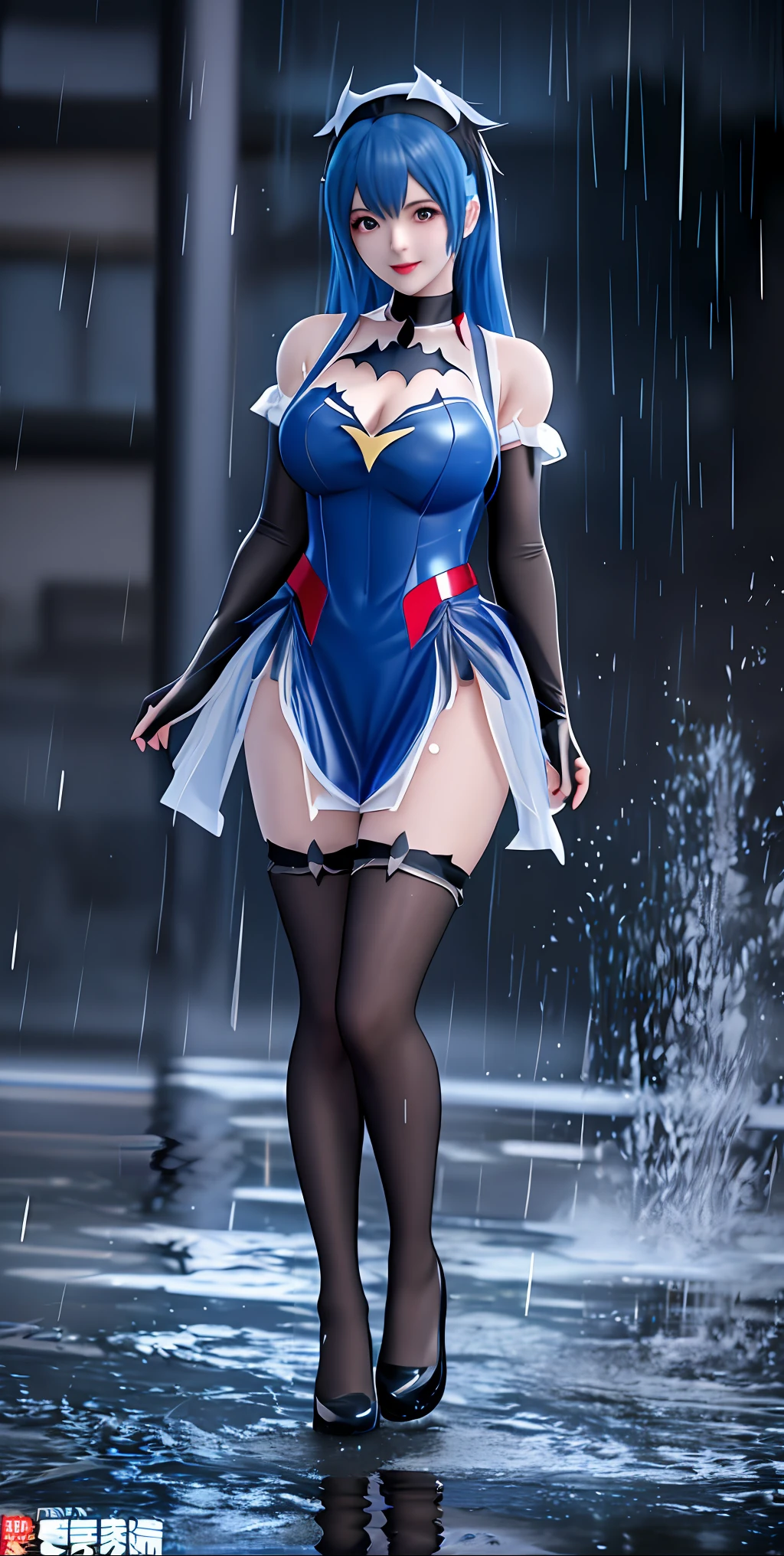 8k,Perfect ???????,best quality,best resolution,Unreal engine 5,Anime style,Full body photo of 30 Year old Woman,maid outfit mixed with Batman costume,Spiderman,Samus Aran,wet body,blue hair very short,like maid black costume BG:Dark alley with heavy rain and flooding,looking at viewer,big smile