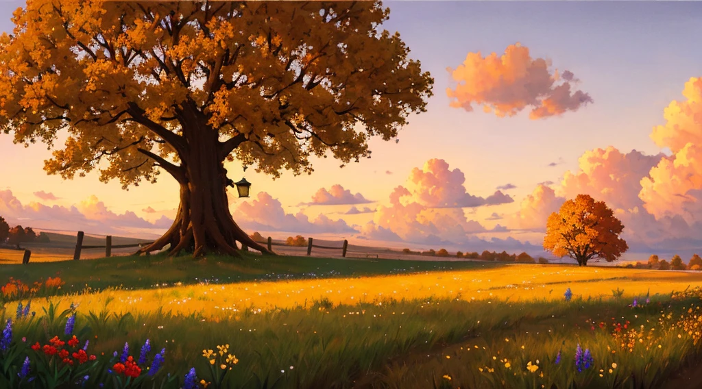 incredibly detailed lighting, detailed shadow, masterpiece, best quality, pastoral, golden hour:1.2, lone tree, human resting:1.5, grazing animals, wildflowers in foreground, oil painting, puffy clouds, low horizon:2