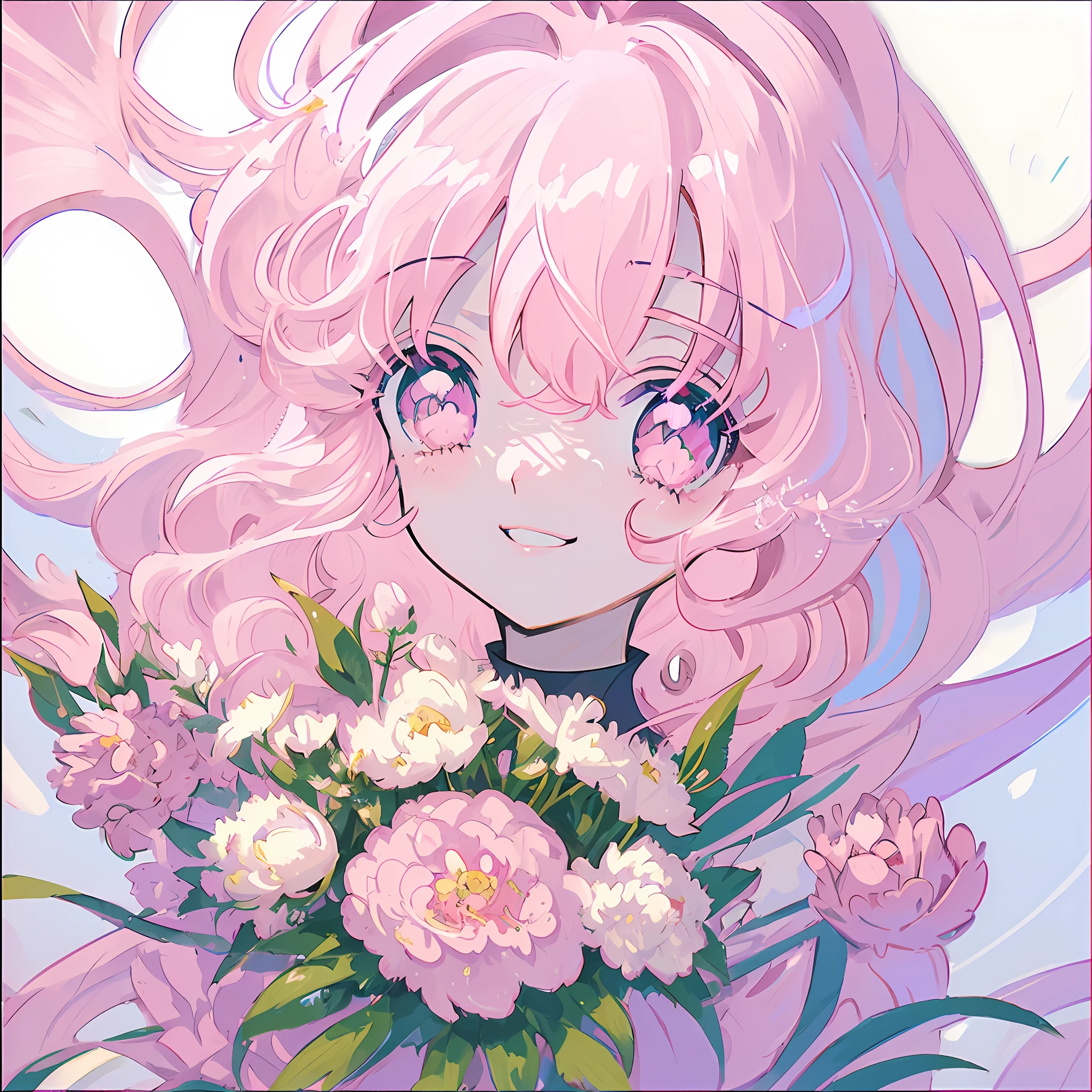 pink hair, anime, ghibli, anime style, close up, from side, first-person perspective, 8k, super detail, masterpiece,super detail, high quality, high resolution, high detail, white background, face detail, happiness, curly hair, hand holding peony bouquet, necklace, long hair,