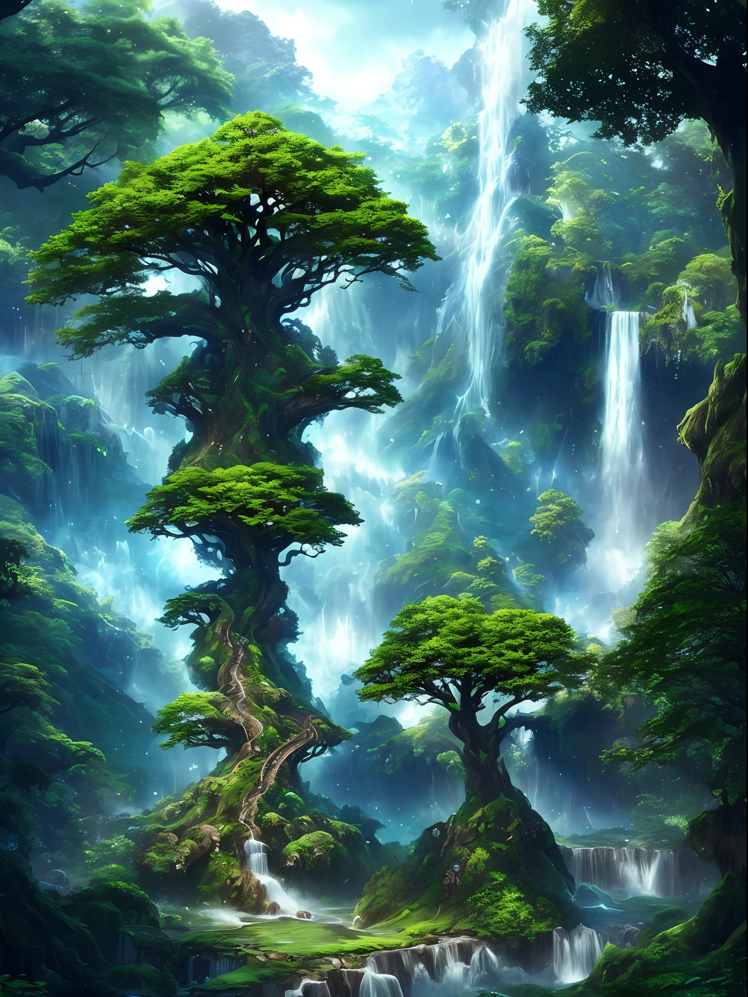 A Tree with Waterfall, Beeple's Concept Art, Artstation Contest Winner, Fantasy Art, Fantasy Tree, Magic Tree, yggdrasil, Tree of Life, World Tree, Great Magic Tree, Magic Tree, Fantasy Magic Vegetation, Tree of Life, Detailed Fantasy Digital Art, Cosmic Tree of Life