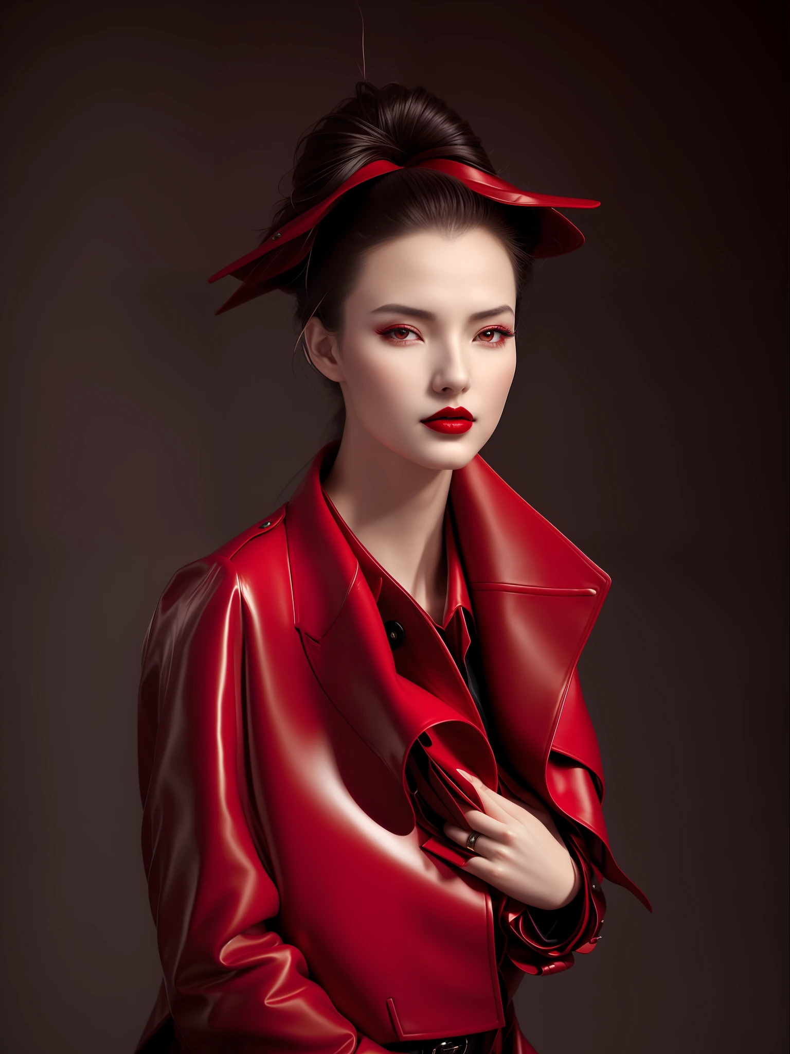 arafed woman with red coat and red lipstick posing for a picture, jingna zhang, fine art fashion photography, fine art fashion magazine style, patrick demarchelier, by Wojciech Gerson, fashion portrait, sha xi, artgerm and patrick demarchelier, benjamin vnuk, portrait shot, innocent look. rich vivid colors, color portrait