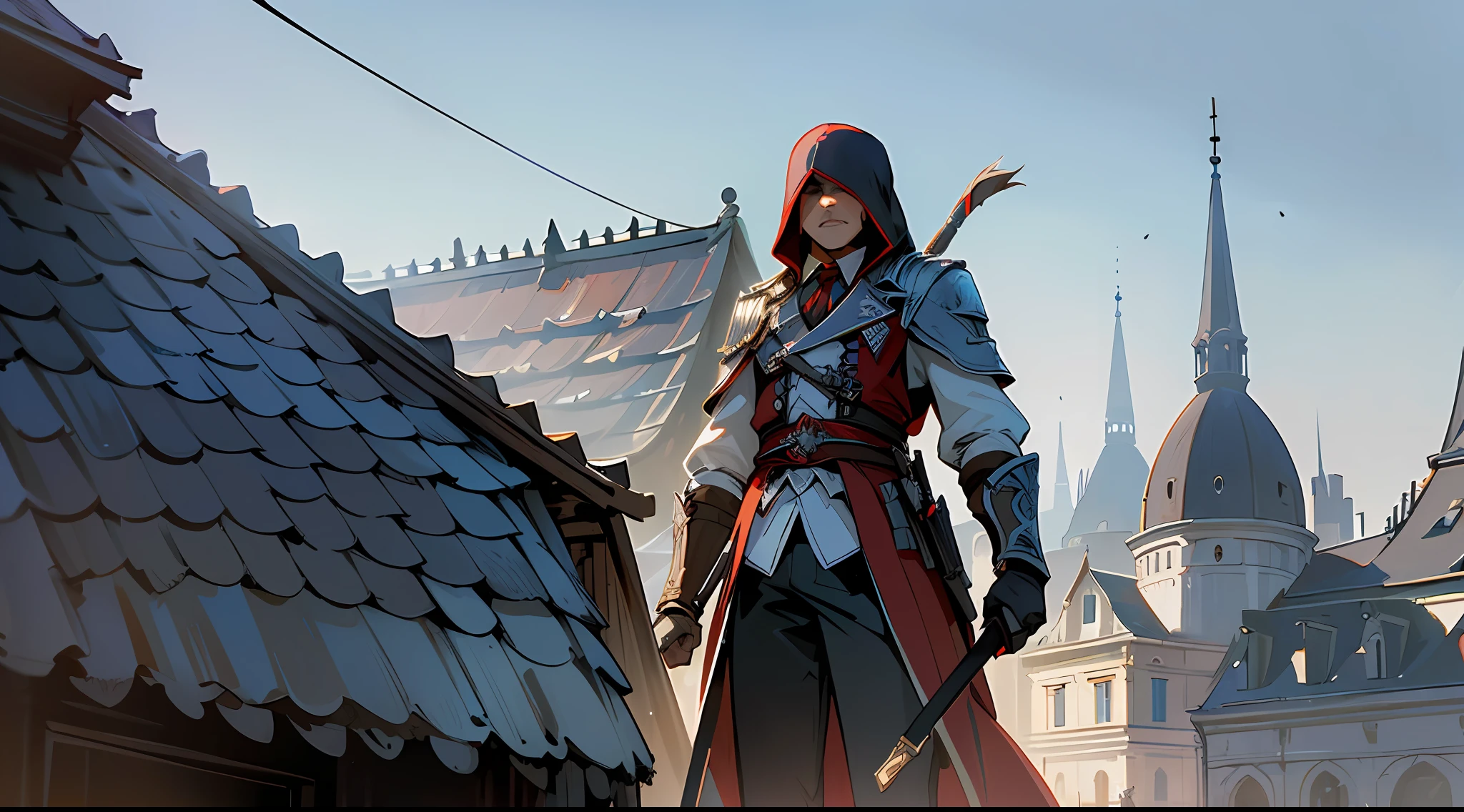 Masterpiece, best quality, (very detailed CG unit 8k wallpaper) (best quality), (best illustration), (best shadows) assassins creed, upper body, macabre theme, details of chains on clothing, on the roof of a house in France from the year 1800, Ray tracing, sinister environment, ultra detailed, --v6