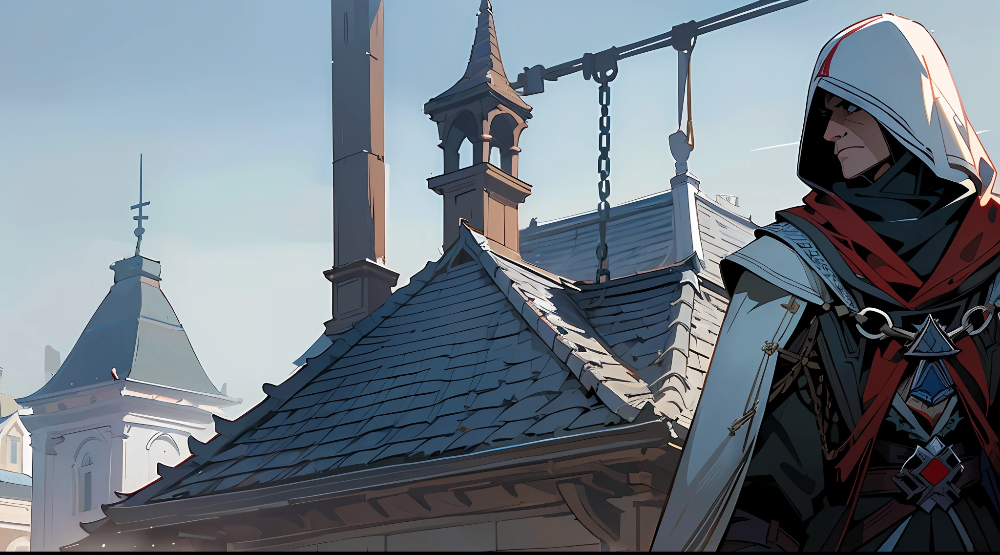 Masterpiece, best quality, (very detailed CG unit 8k wallpaper) (best quality), (best illustration), (best shadows) assassins creed, upper body, macabre theme, details of chains on clothing, on the roof of a house in France from the year 1800, Ray tracing, sinister environment, ultra detailed, --v6