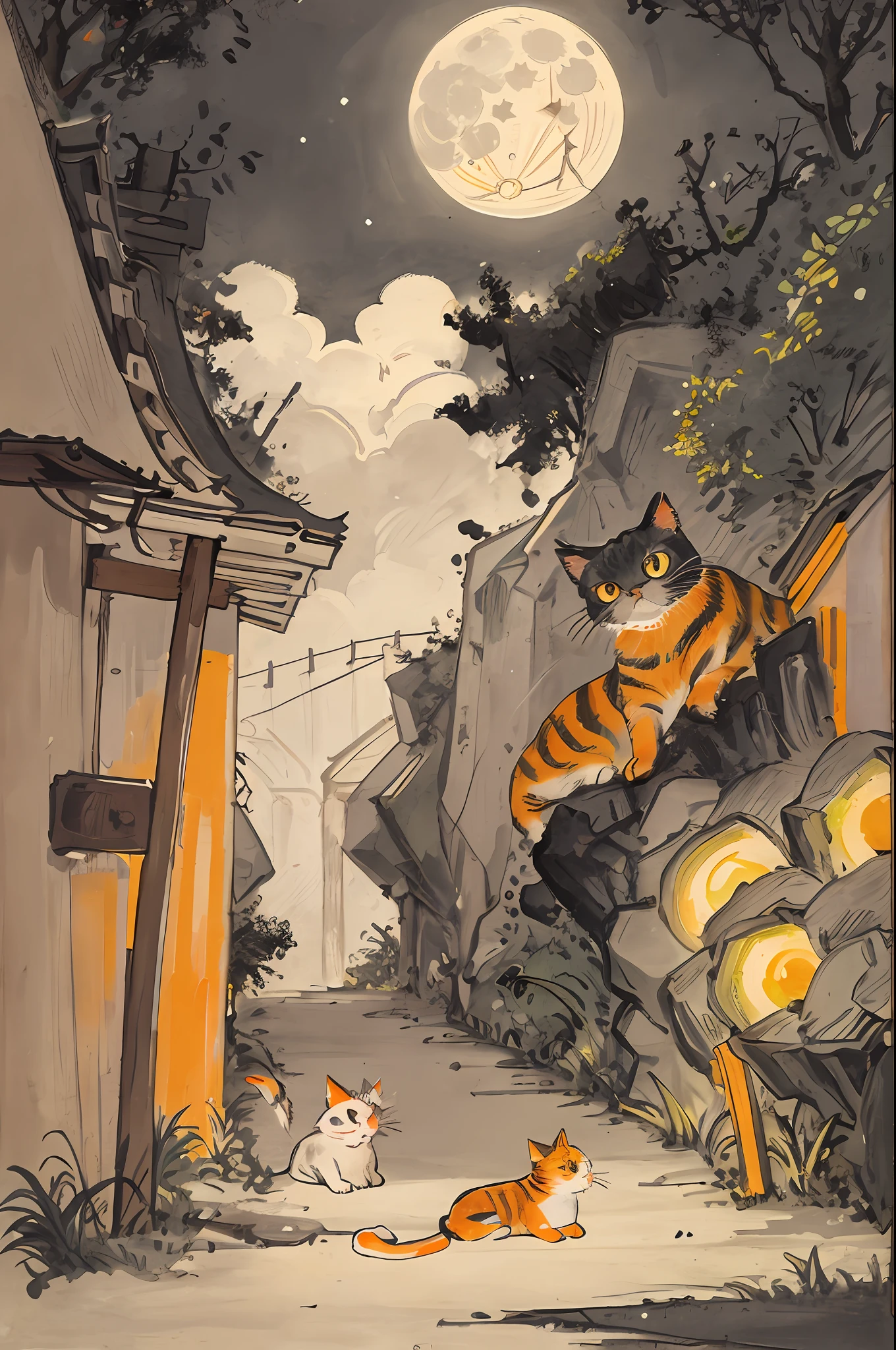 tricolor cat,orange,cute,big eyes,masterpiece,full moon,alley