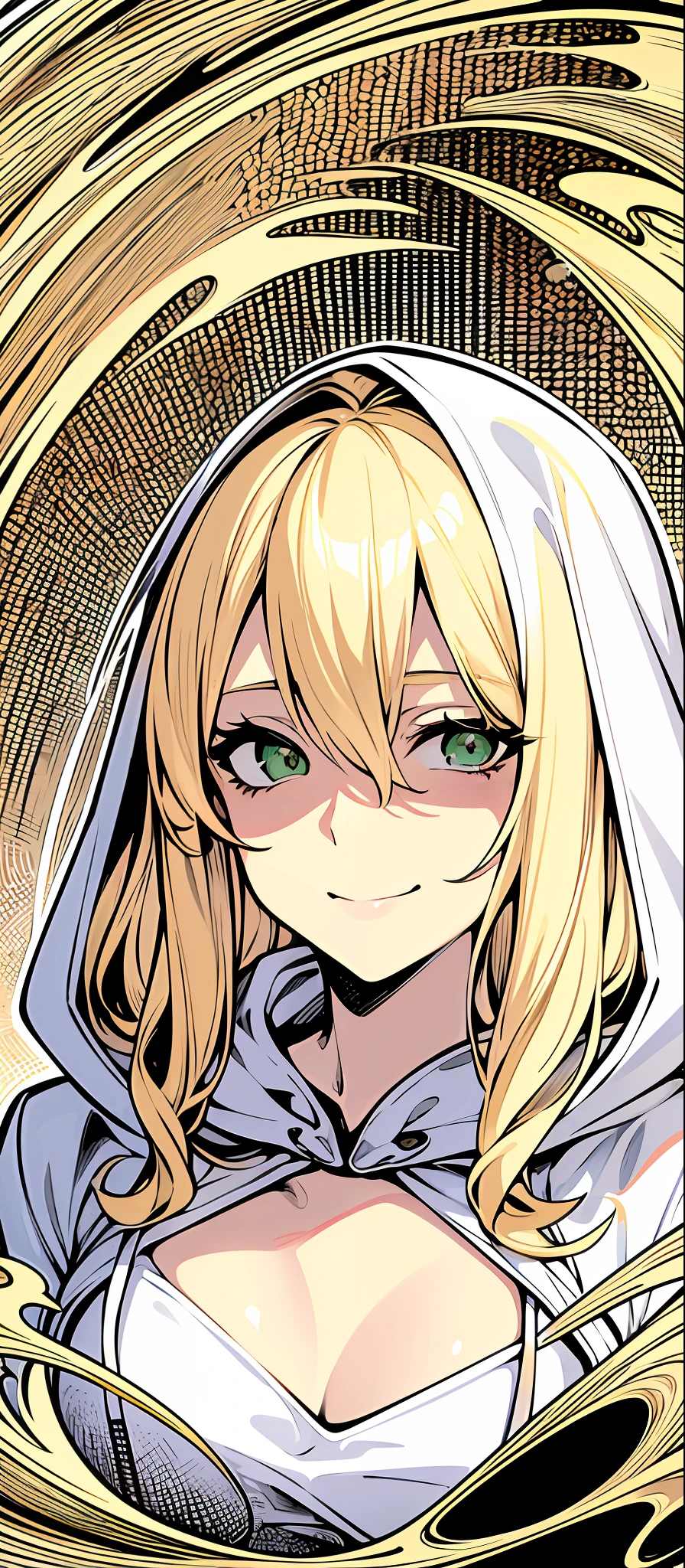 ((masterpiece, illustration, strong outlines 1girl, solo, sharp focus, 8k, ultra-detailed)), (blonde beige hair:1.3), li, small breasts, smile, happy, long hair, very long hair, green eyes, dark green eyes, selfie, portrait, face focus, (oversized hoodie, white monochrome hoodie:1.3), cute, digital art, beautiful, perfection, ((transparent background, monochrome background))