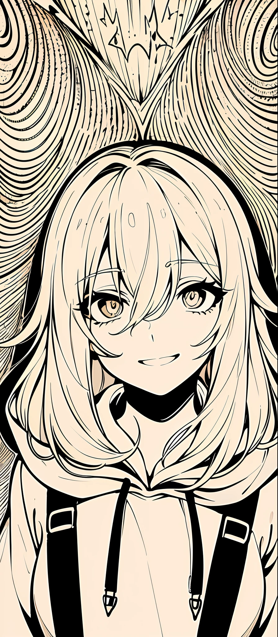 ((masterpiece, illustration, strong outlines 1girl, solo, sharp focus, 8k, ultra-detailed)), (blonde beige hair:1.3), loli, small breasts, smile, happy, long hair, very long hair, green eyes, dark green eyes, selfie, portrait, face focus, (oversized hoodie, white monochrome hoodie:1.3), cute, digital art, beautiful, perfection, ((transparent background, monochrome background))