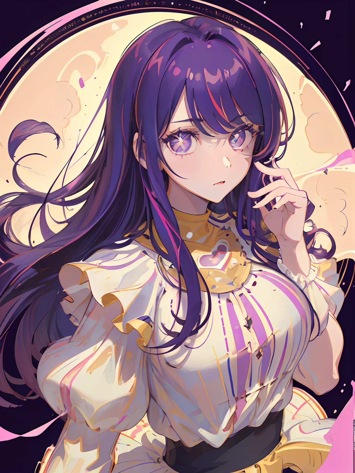 (masterpiece), (best quality), (ultra detailed),(disheveled hair),(illustration), (1girl), (Fashionable clothing), purple hair, standing,Fashion model,looking at viewer, (interview), (simple background),beautifuldetailedeyes,delicate beautiful face,Floating,(high saturation),(colorful splashes),colorful bubble, hand behind head, (shining),focus on face,