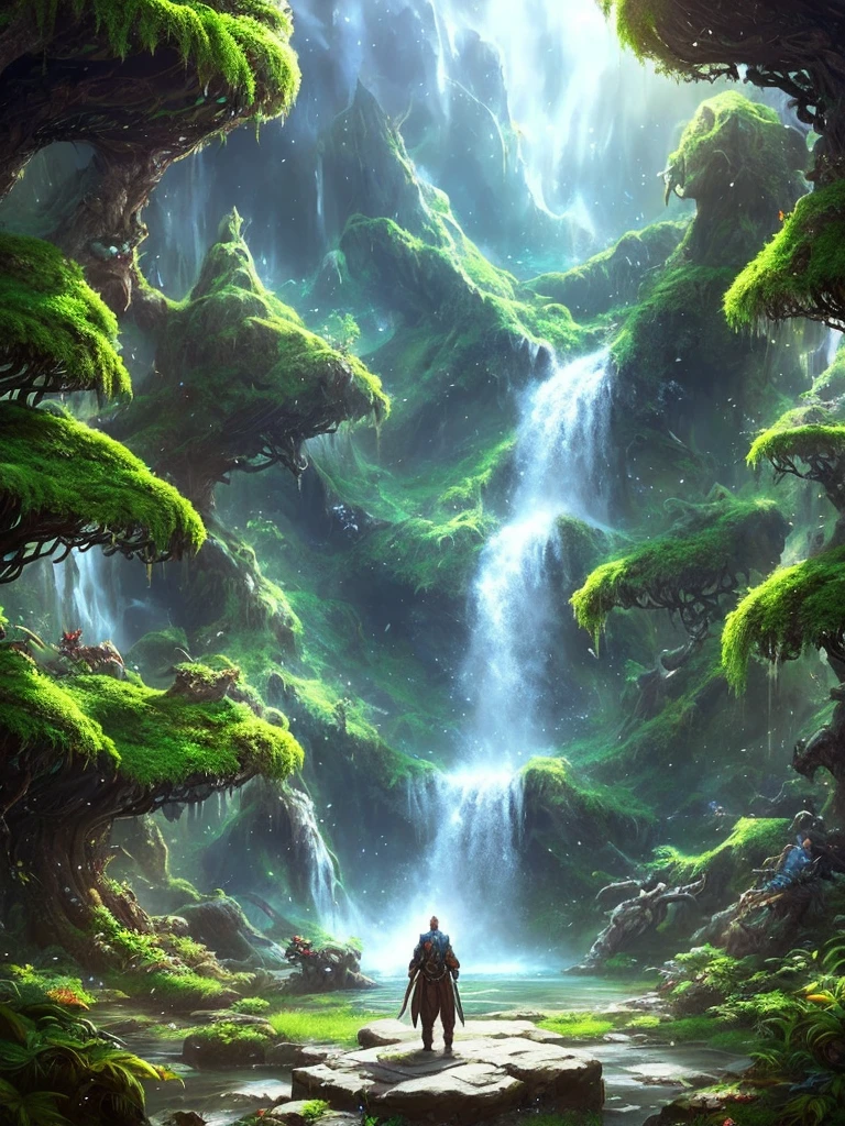 a man standing in front of a tree with a waterfall, environmental concept art, 4k fantasy art, fantasy tree, fantasy art landscape, unreal engine fantasy art, sci-fi fantasy art, fantasy magical vegetation, wide angle fantasy art, digital 2d fantasy art, epic fantasy sci fi illustration, fantasy concept art, fantasy art behance, beautiful concept art