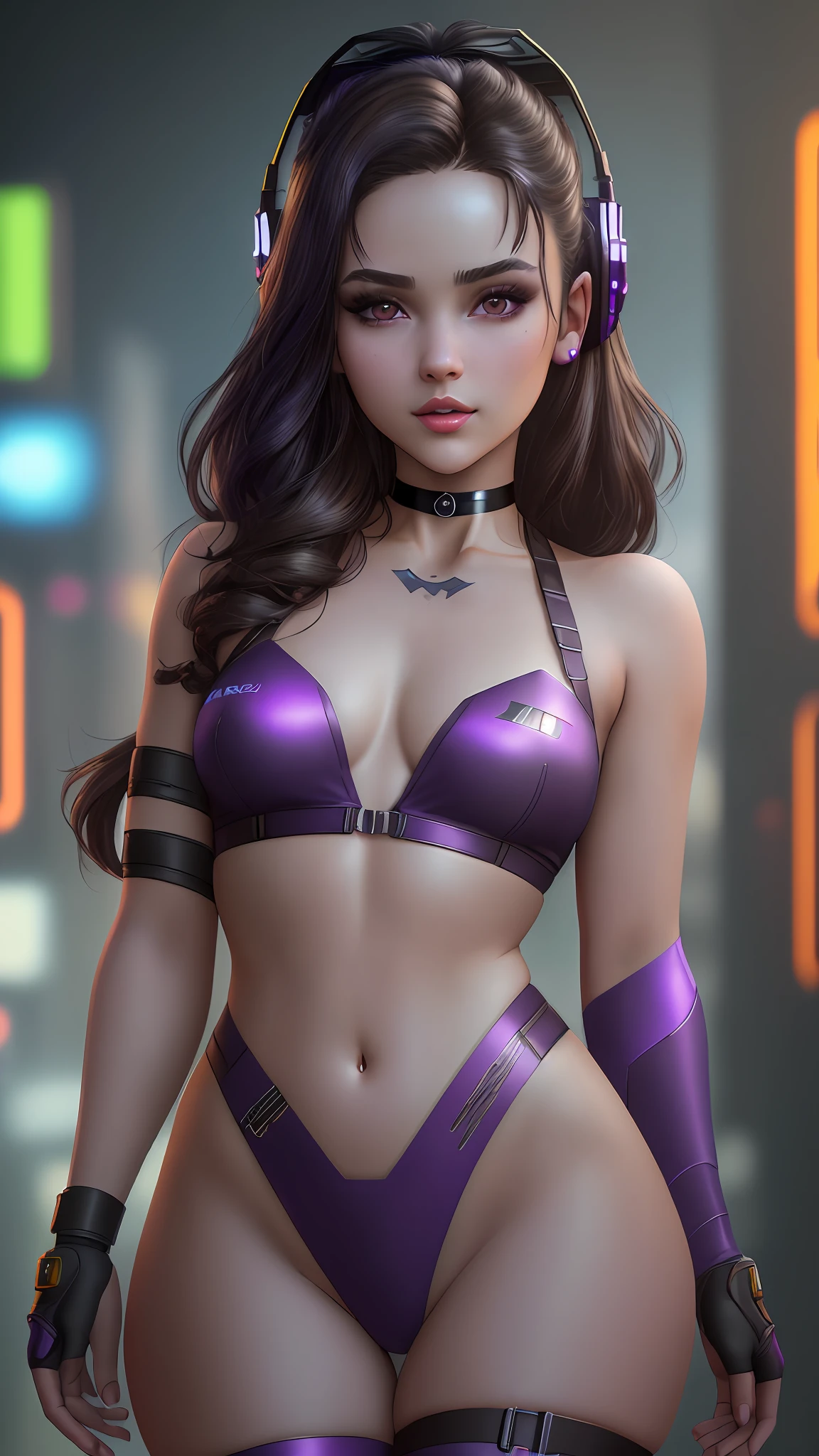 "Masterpiece, high quality, detailed, high resolution, 4k, 8k, realistic skin texture, amazing shadows, perfect lighting, hyper-realistic" A woman (dark hair, fair skin, choker, brown eyes, outlined eyes, small breasts), playing cyberpunk video game 20177, e-girl purple and black cosplay, headset