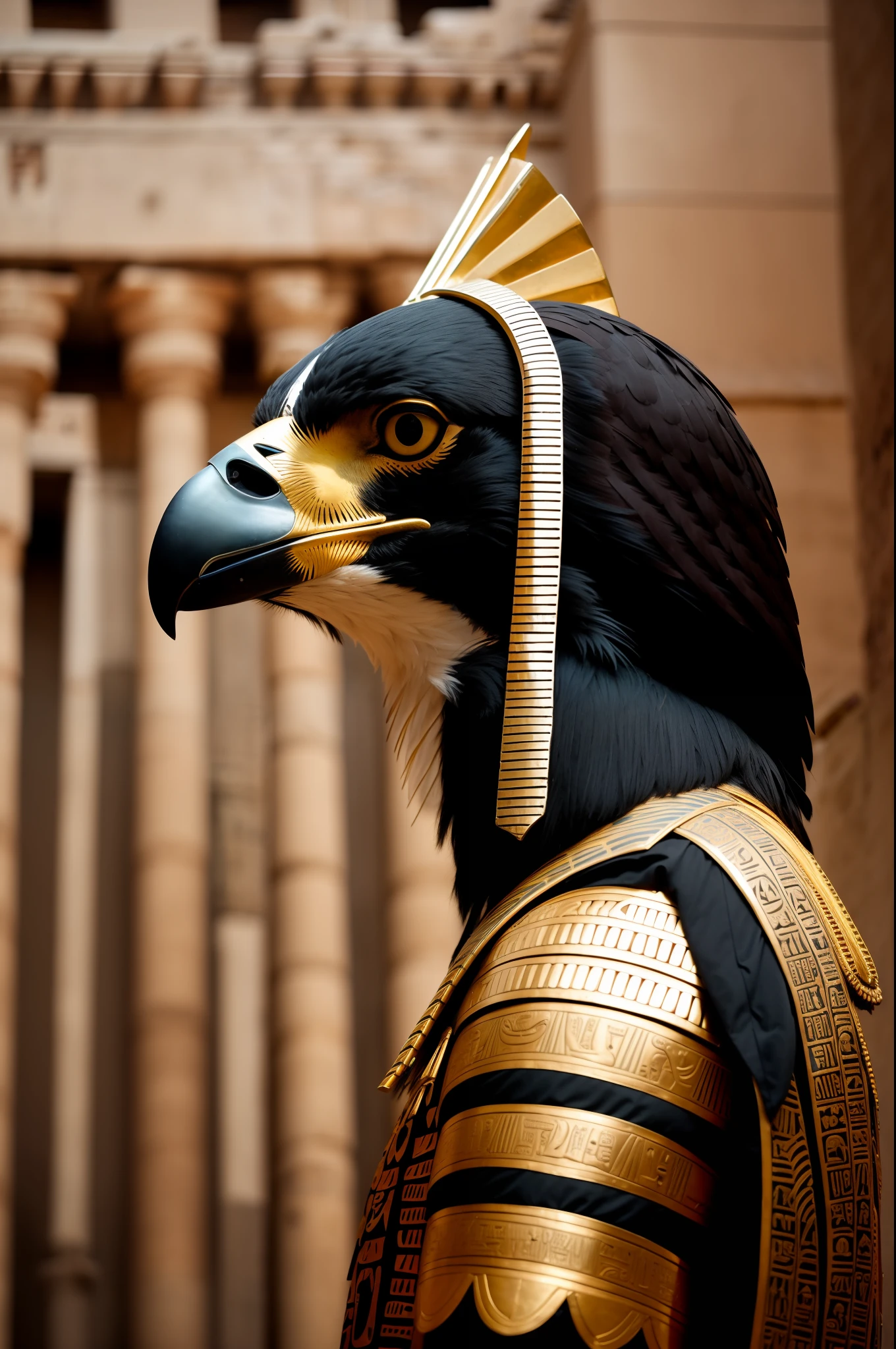 RAW photo, animal, portrait photo of humanoid [horus:falcon:2] in Egyptian clothes, very detailed, Egyptian headdress, background inside the temple, profile 1/4, full body shot, 8k uhd, DSLR, soft lighting, high quality, film grain, Fujifilm XT3