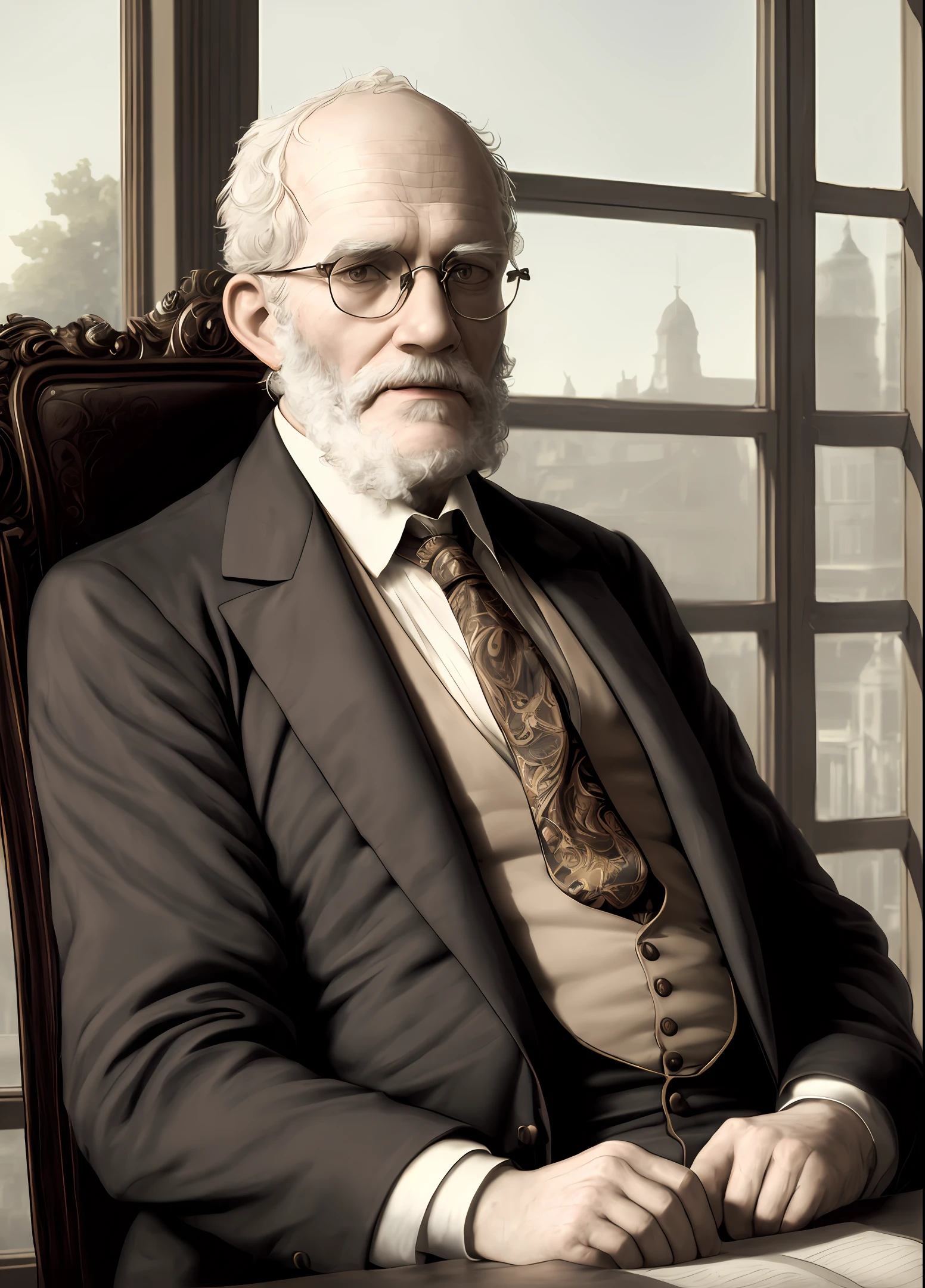 The 19th century, portrait of old shaven man with glasses and with a tie sitting on chair, sunny window, High quality photo, ultra high res, (photorealistic:1.4), classicism, cinema lighting, insanely detailed, hyper realistic, intricate design, fine details, octane render