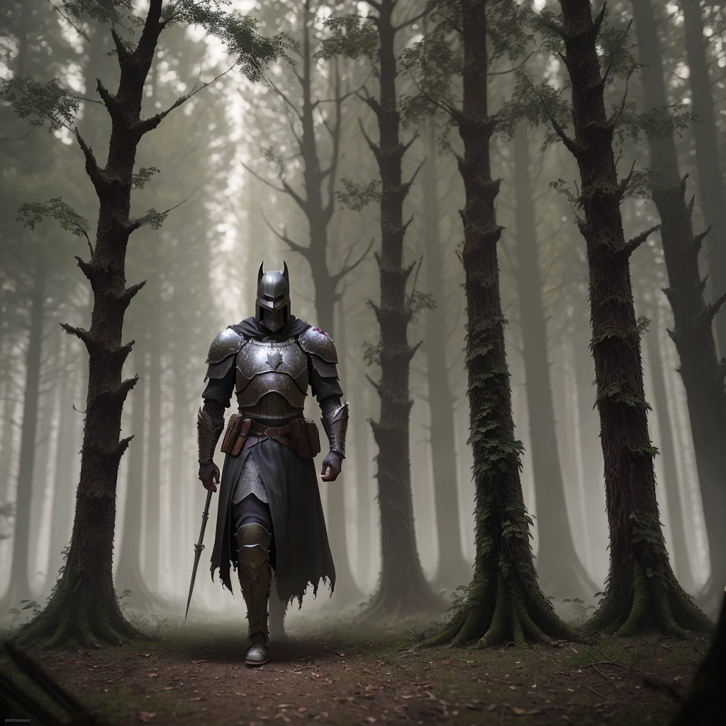 medieval dark knight,after battle,dark forest,mystery time,cinematic,realistic render,dramatic light,detailed,intricate details,technicolor effect,full body,Simon Stalenhag