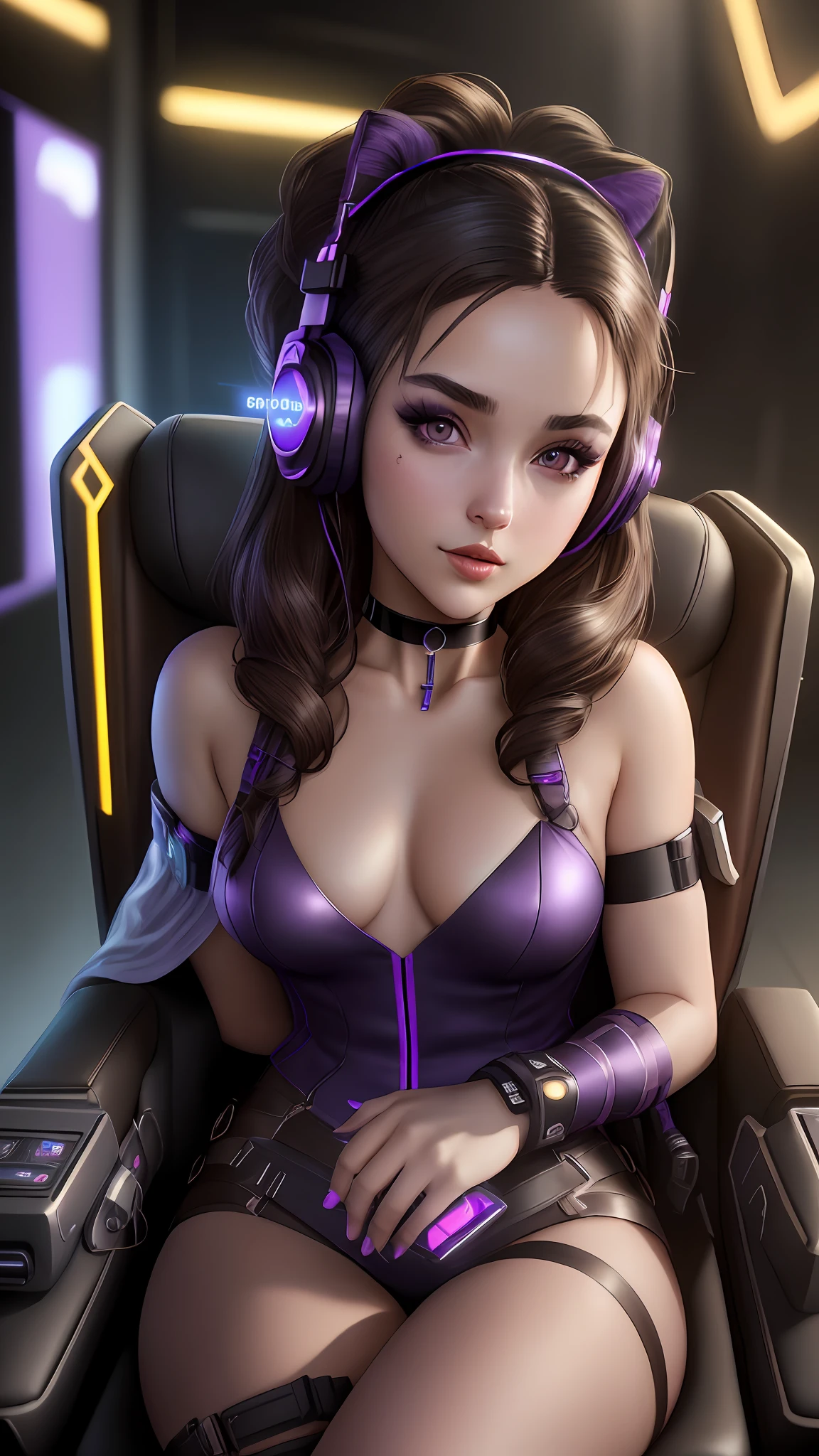 "Masterpiece, high quality, detailed, high resolution, 4k, 8k, realistic skin texture, amazing shadows, perfect lighting, hyper-realistic" A woman (dark hair, fair skin, choker, brown eyes, outlined eyes, small breasts), playing cyberpunk video game 20177, e-girl purple and black cosplay, headset, in a chair