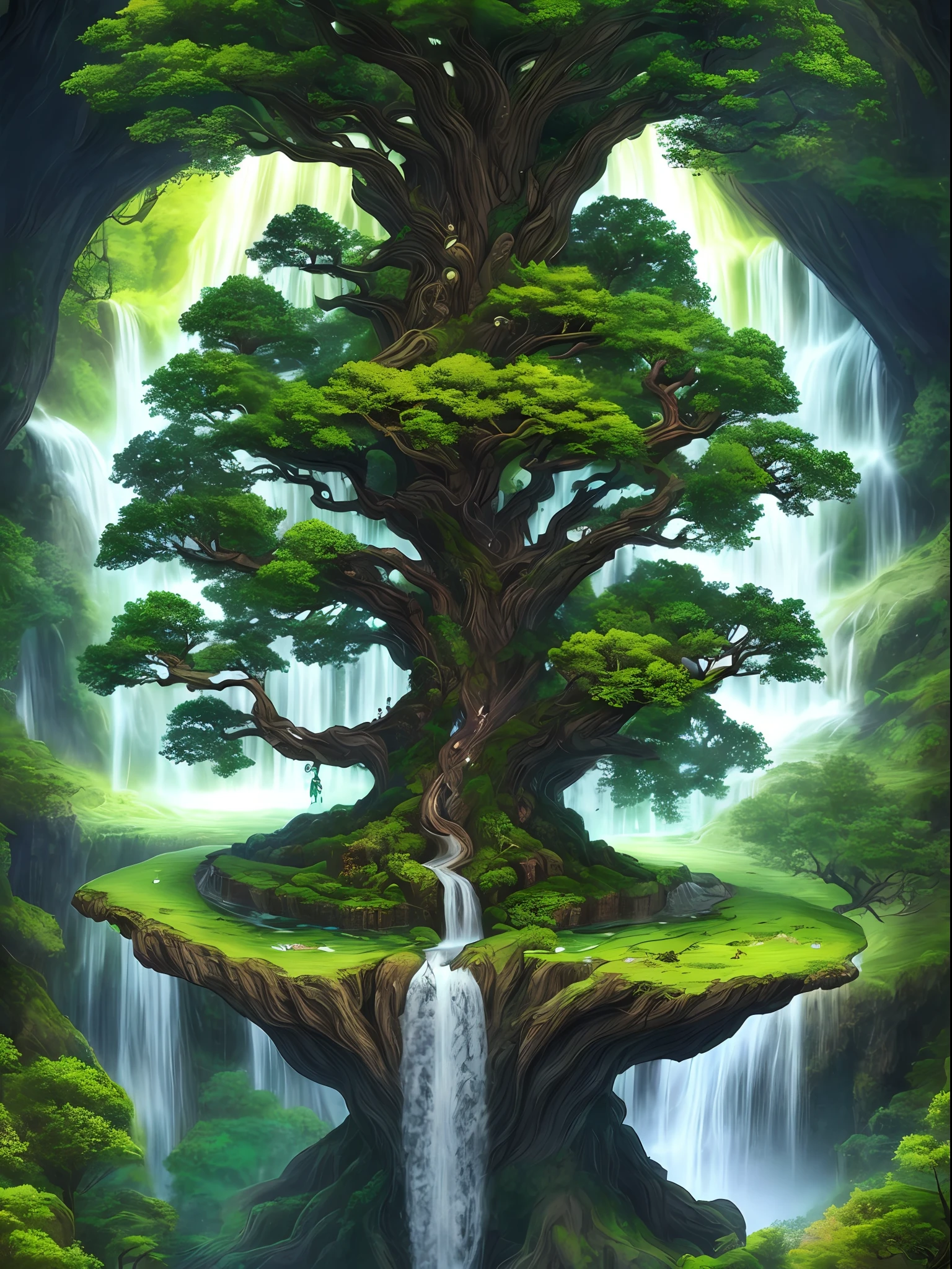A tree with a waterfall, fantasy tree, magic tree, yggdrasil, tree of life, world tree, big magic tree, magic tree, fantasy magical vegetation, tree of life, detailed fantasy digital art, cosmic tree of life, fantasy art behance, tree of life seeds of doubt