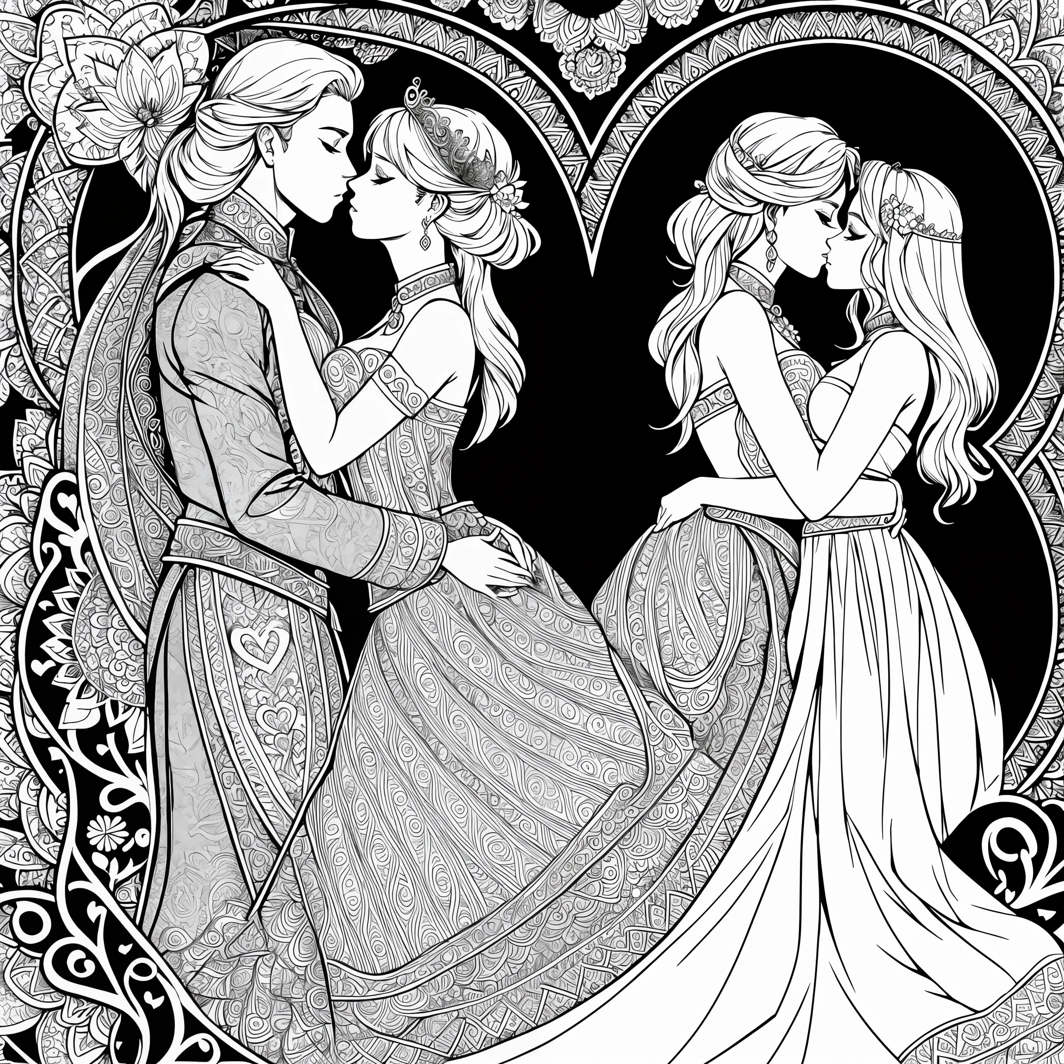 coloring pages for adults, bold lines, dark lines, valentine day, mandala couple, white background, clean line art, fine line art, fantasy, prince, princess, mandala hearts, kisses, romantic scenes, romantic hugs, wedding scenes, hot hugs