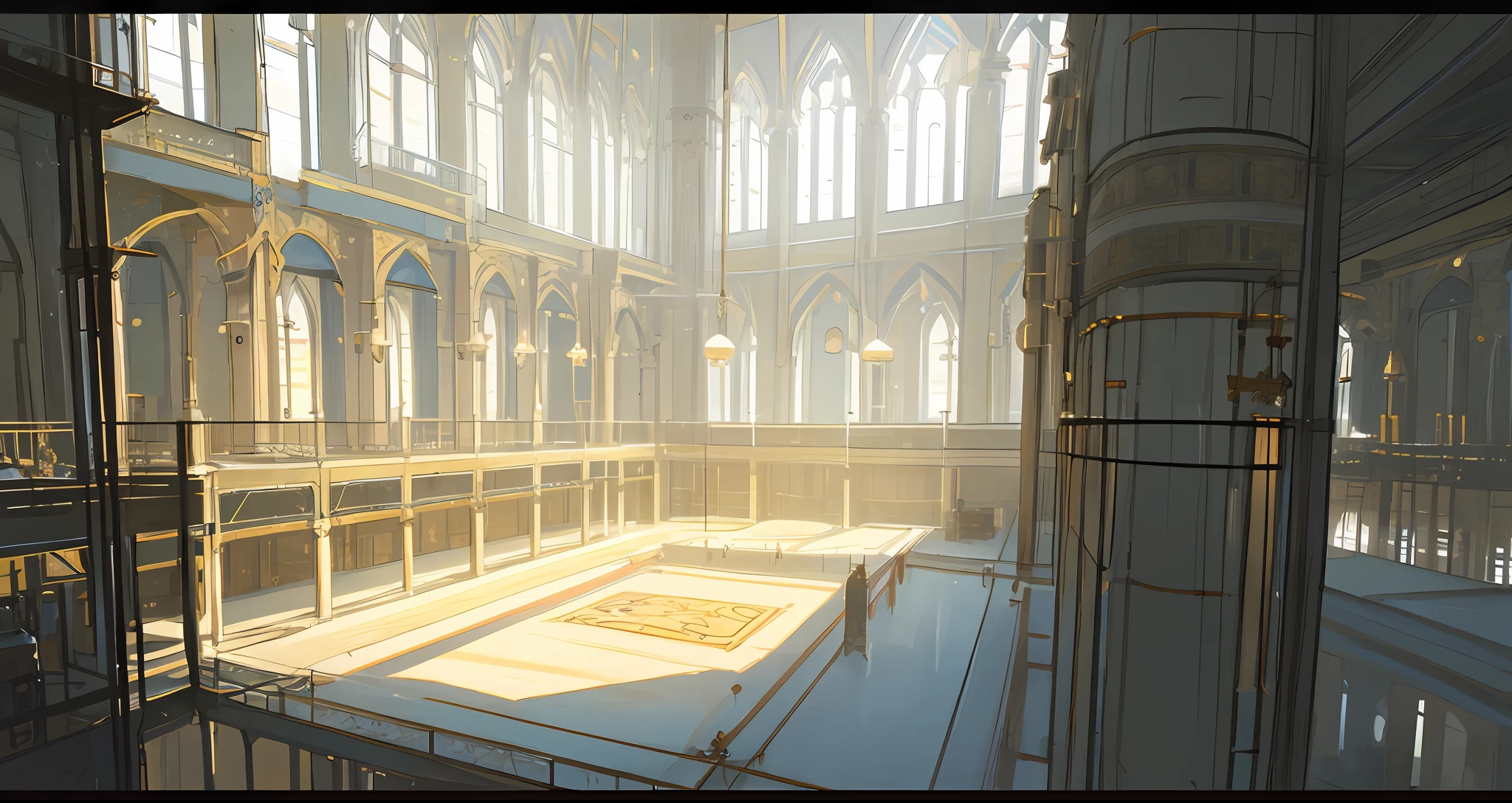 A large biological laboratory, indoor, wide-angle top-down lens, "overlook", 45° angle, religious elements, religious elements, European retro style, "laboratory", center,; High resolution, concept art, 8 K concept art, stunning sci-fi concept art