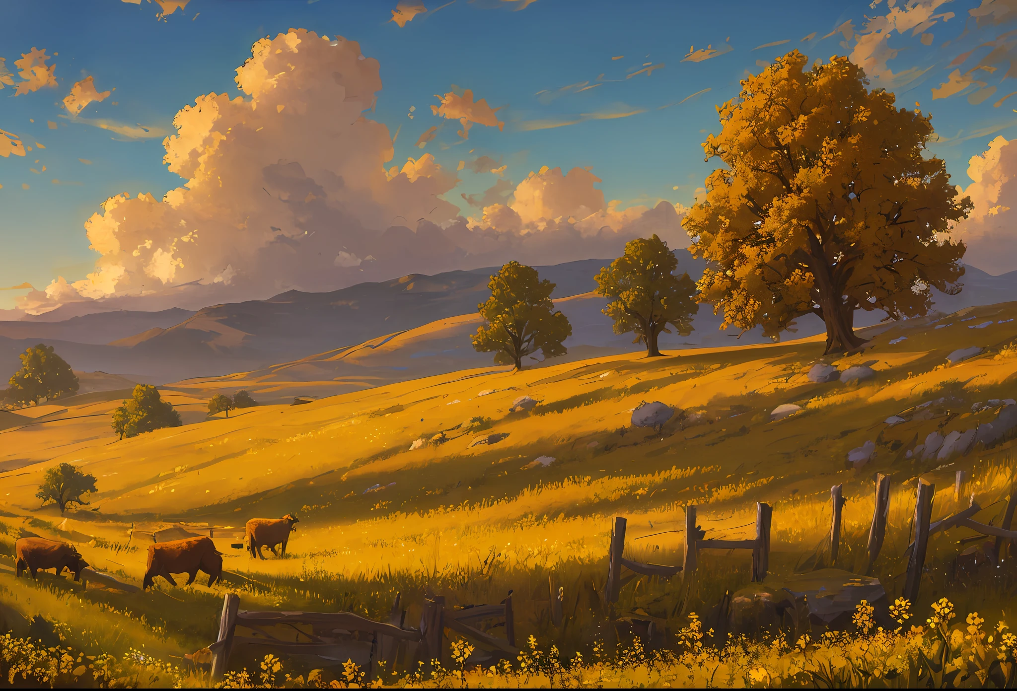 incredibly detailed lighting, detailed shadow, masterpiece, best quality, pastoral, golden hour, lone tree, standing figure:1.3, grazing sheep, yellow wildflowers in foreground, oil painting, puffy clouds, crumbling stone wall