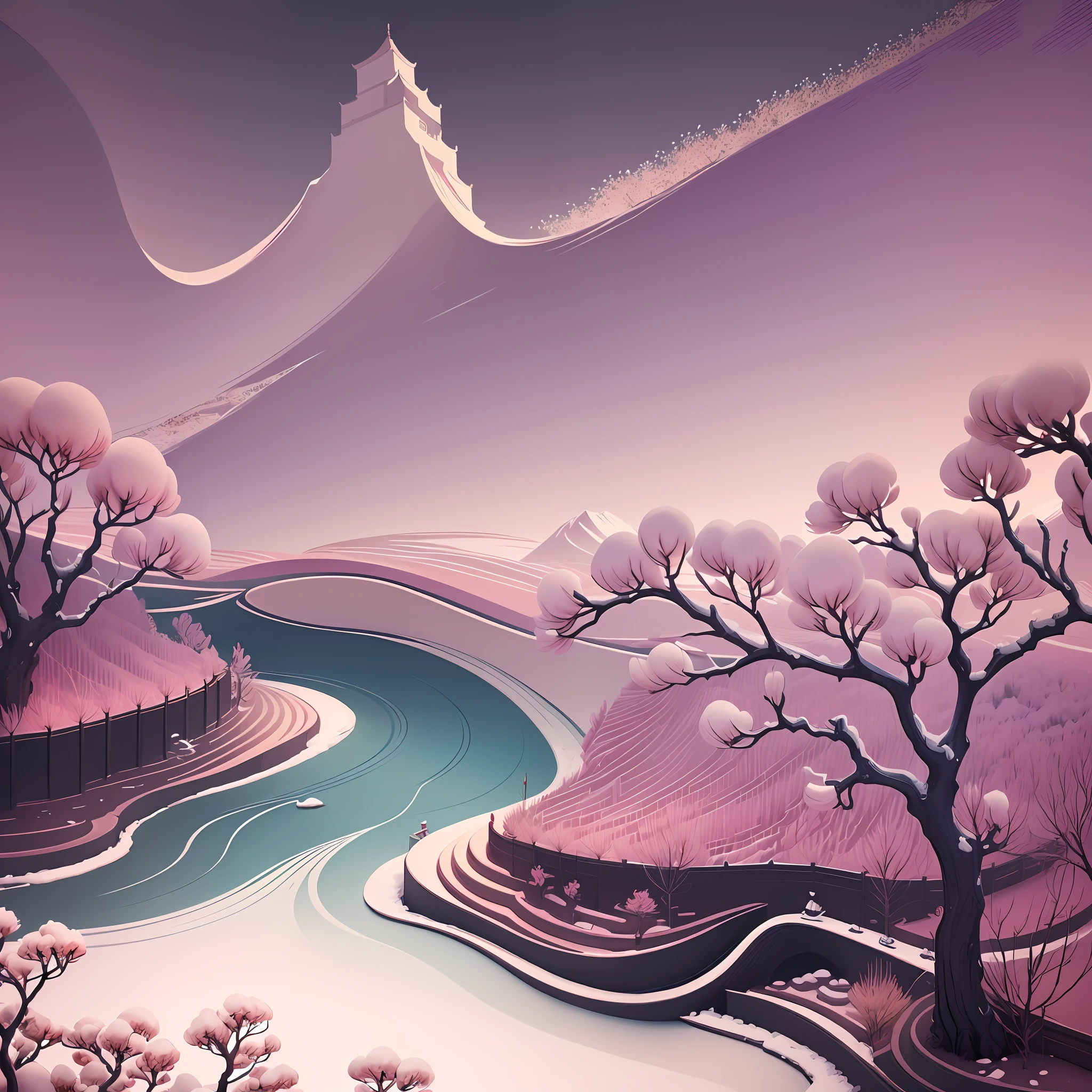 (Chinese landscape), abstract painting, (Zen, Emisore style), (winter), (snow, plum blossoms, river, chinoiserie architecture), light abstract cover art, simple vector art, Chinese contemporary art, color gradient, pastel color palette, layered forms, whimsical animation, style ethereal abstraction, 4K, --v6