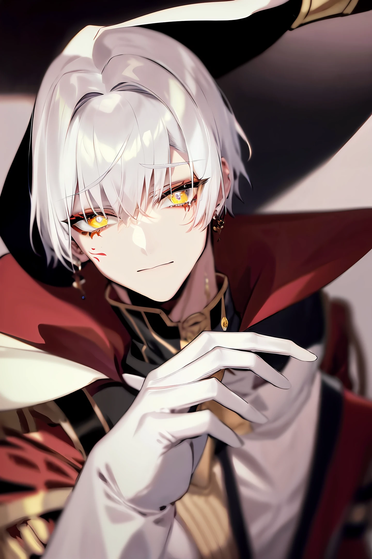 Male, white short hair, golden eyes, black unique tatto in face, white emperor suit, anime, portrait.