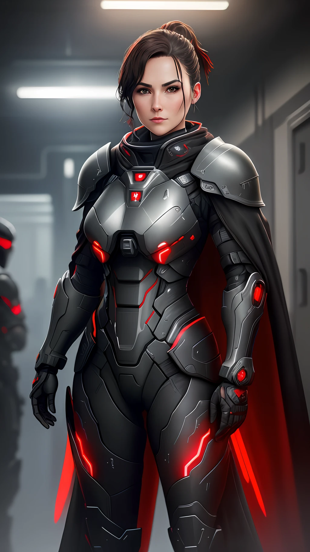 Extremely detailed, very realistic, very sharp, hyperrealistc, hyper realistic, best quality, females, soldier, military, tall, black armor, harness, straps, power armor, armor, weapon, powered, large pauldrons, straps, standing, sci-fi, no skin, concept, red lights, red backlights, concept, modern, futuristic, future, black armor, leg armor, red shawl, military pose, army, red LED, altered carbon, mass effect, destiny, titanfall, warface, warframe, riot police, conceptual, plated, black, glossy, holster, on duty, cape, cloak, in line, shawl, adult long face, 50 age, sharp jaw, open face, face visible, very short hair, face
