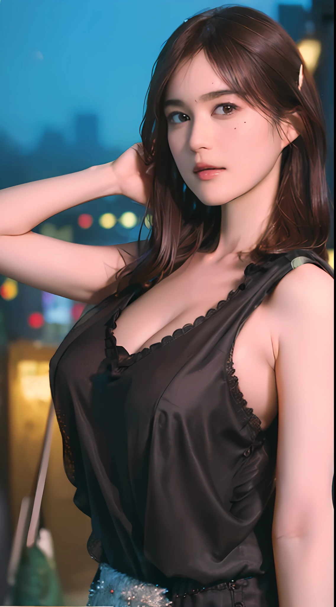 ((Best quality, 8k, Masterpiece :1.3)), Whole body, Sharp focus :1.2, A pretty woman with perfect figure :1.4, Slender abs :1.2, ((Dark brown hair, Big breasts :1.2)), Tank top dress :1.1, (Night city, On street:1.1), Highly detailed face and skin texture, Detailed eyes, Double eyelid