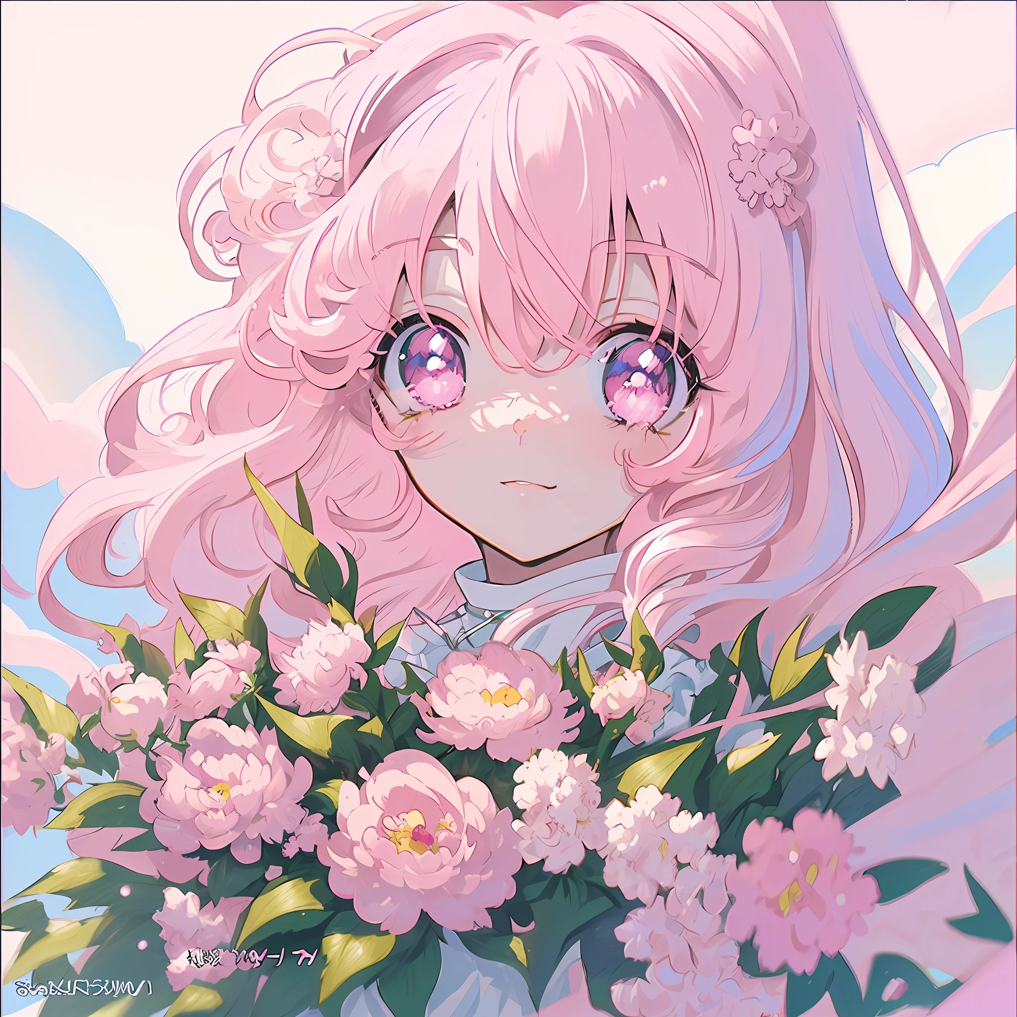 pink hair, anime, ghibli, anime style, close up, from side, first-person perspective, 8k, super detail, masterpiece,super detail, high quality, high resolution, high detail, white background, face detail, happiness, curly hair, hand holding peony bouquet, necklace, long hair,