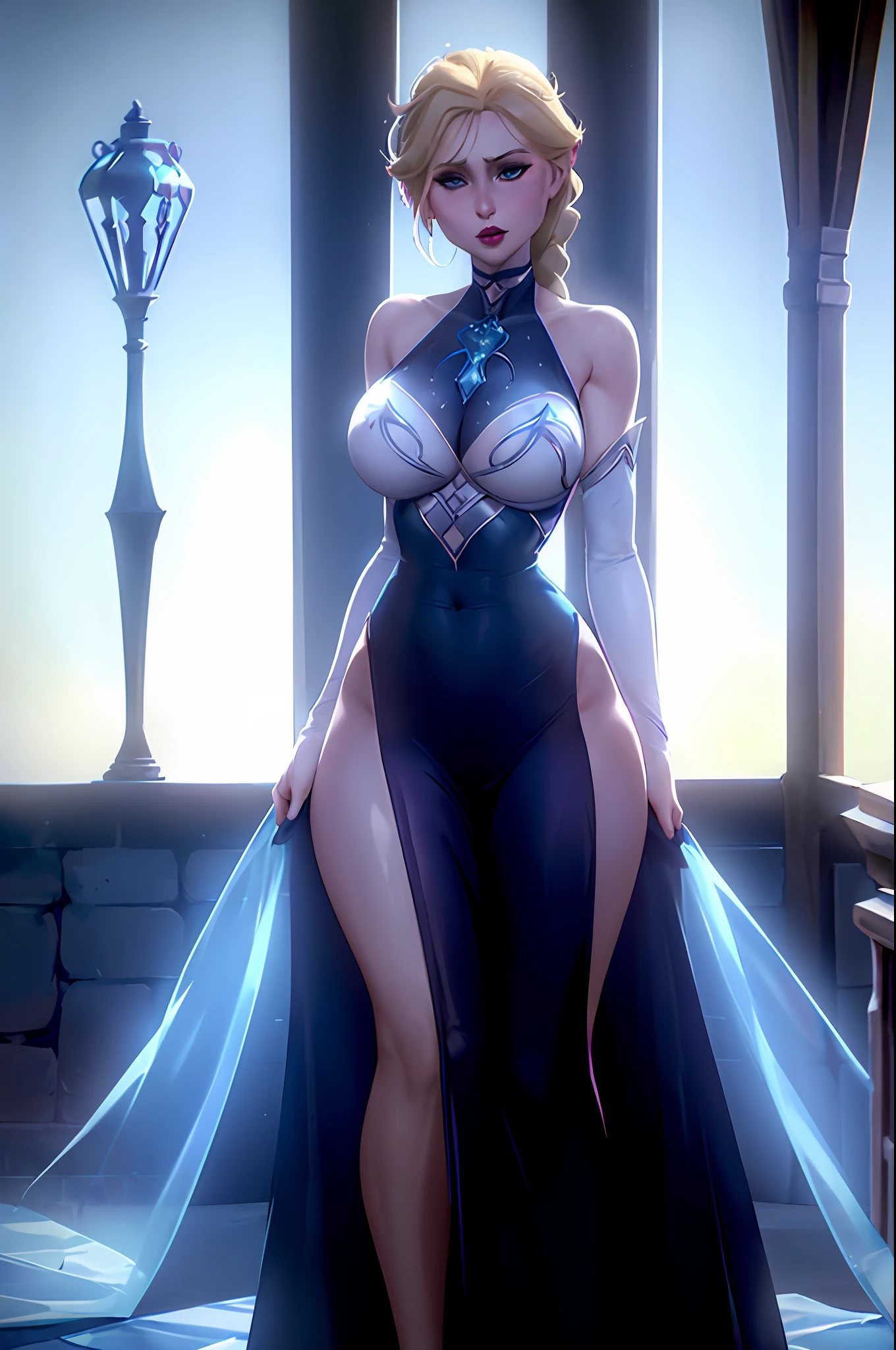 arcane style, Wrise_Elsa2, 1girl, Queen Elsa in provocative revealing tube dress, iconic Elsa outfit, form fitting, tight clothes, tight fit, corset, cinched waist, blonde hair, blond upswept bangs, iconic blonde braid, plunging neckline, boob window, very low cut, pale blue sequin dress, transparent gown, thin fabric, breasts, Disney's Frozen, sexy Elsa, big breasts, breasts, massive 34DDs, cleavage, high slit, long bare legs, smooth skin, smooth legs, hourglass figure, sexy thighs